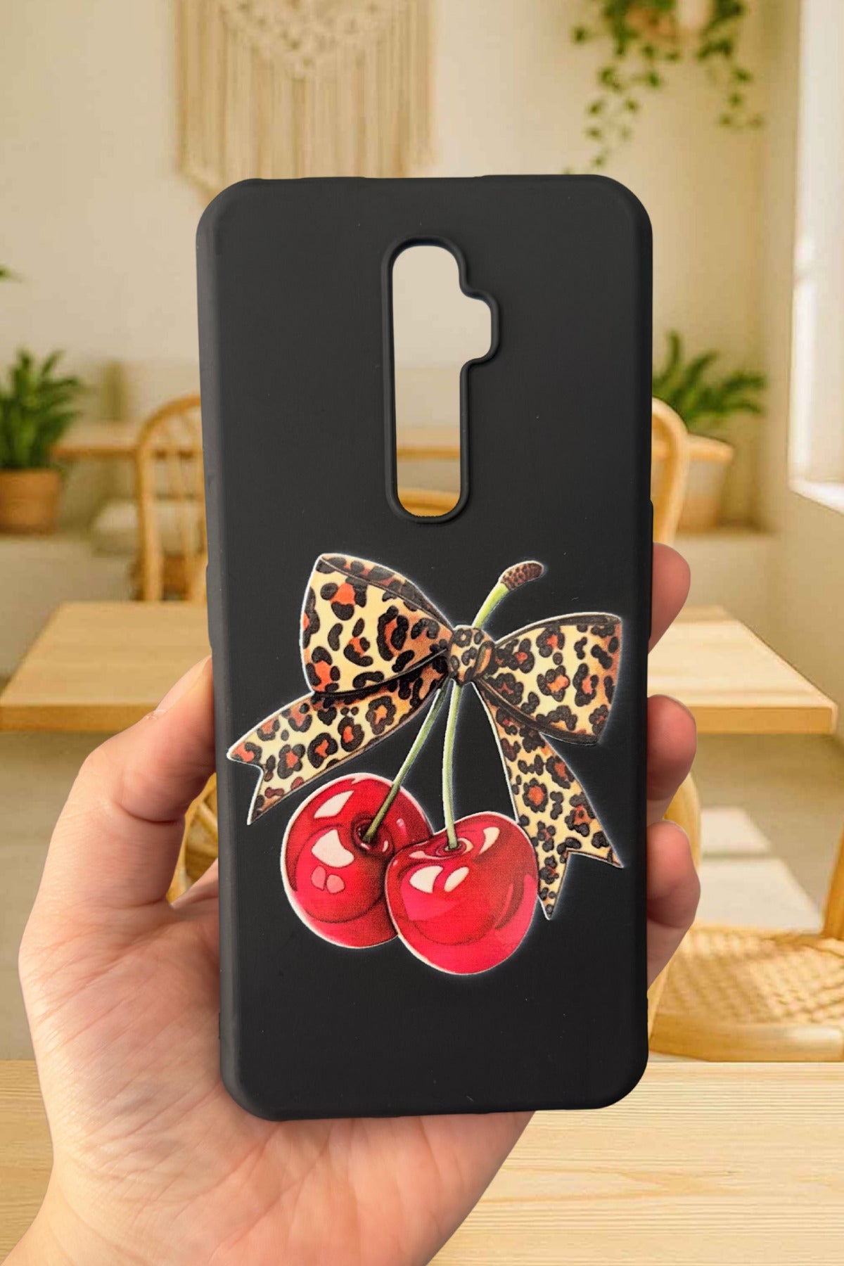 OPPO RENO 2Z Uyumlu Kiraz Leopar Fiyonk Desenli Silikon Darbe Emici Klasik Korumalı Rubber Kılıf