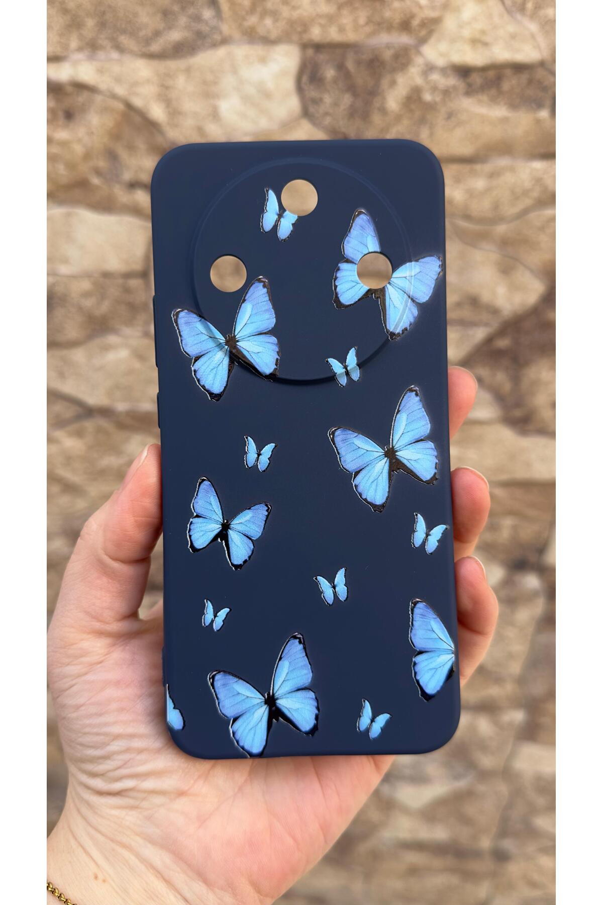 Honor Magic 8 Lite Uyumlu Mavi Kelebek Desenli Silikon Darbe Emici Klasik Korumalı Rubber Kılıf