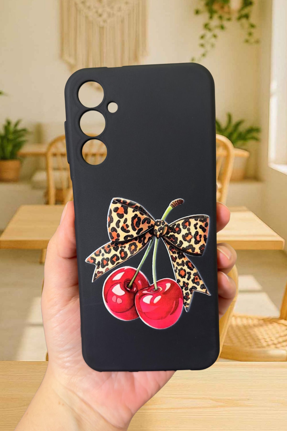 Samsung Galaxy A14 Uyumlu Kiraz Leopar Fiyonk Desenli Silikon Darbe Emici Klasik Rubber Kılıf