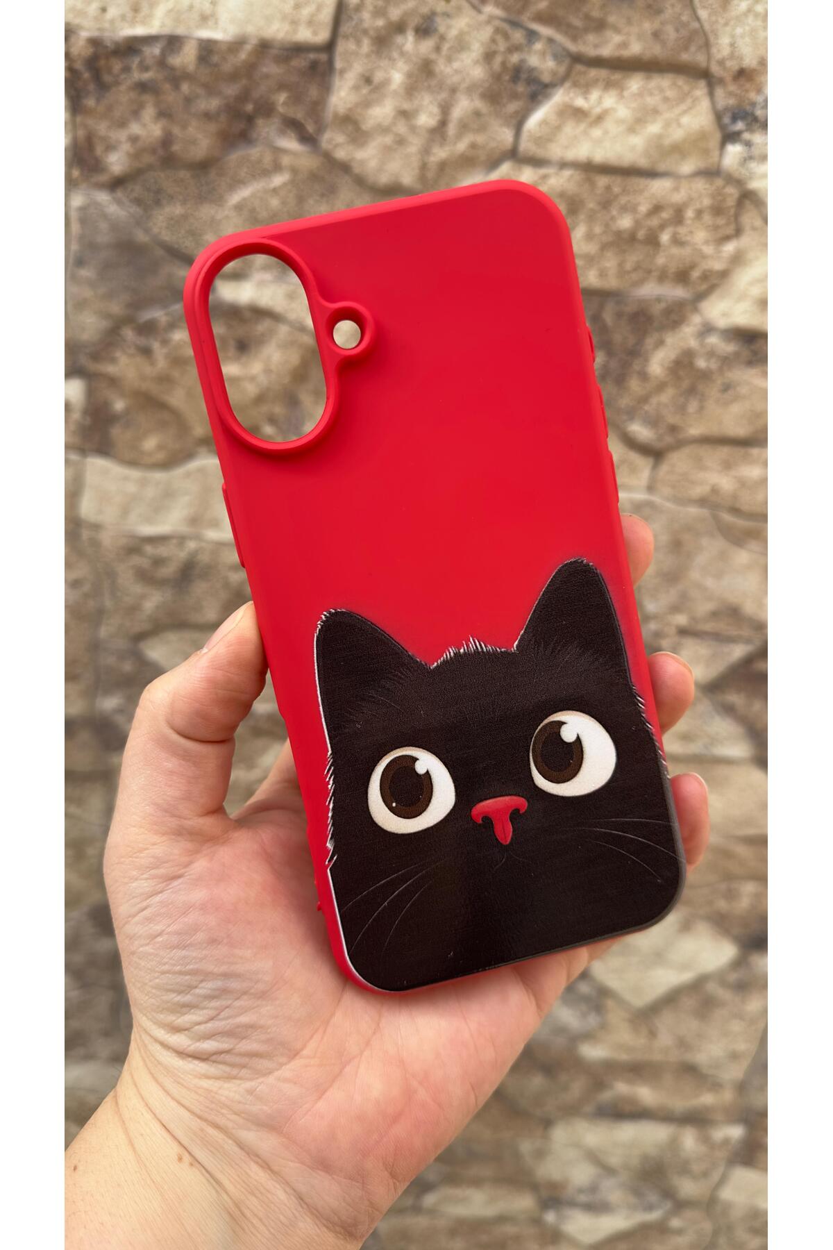 iPhone 16 Uyumlu Sevimli Siyah Kedi Desenli Silikon Darbe Emici Klasik Korumalı Rubber Kılıf
