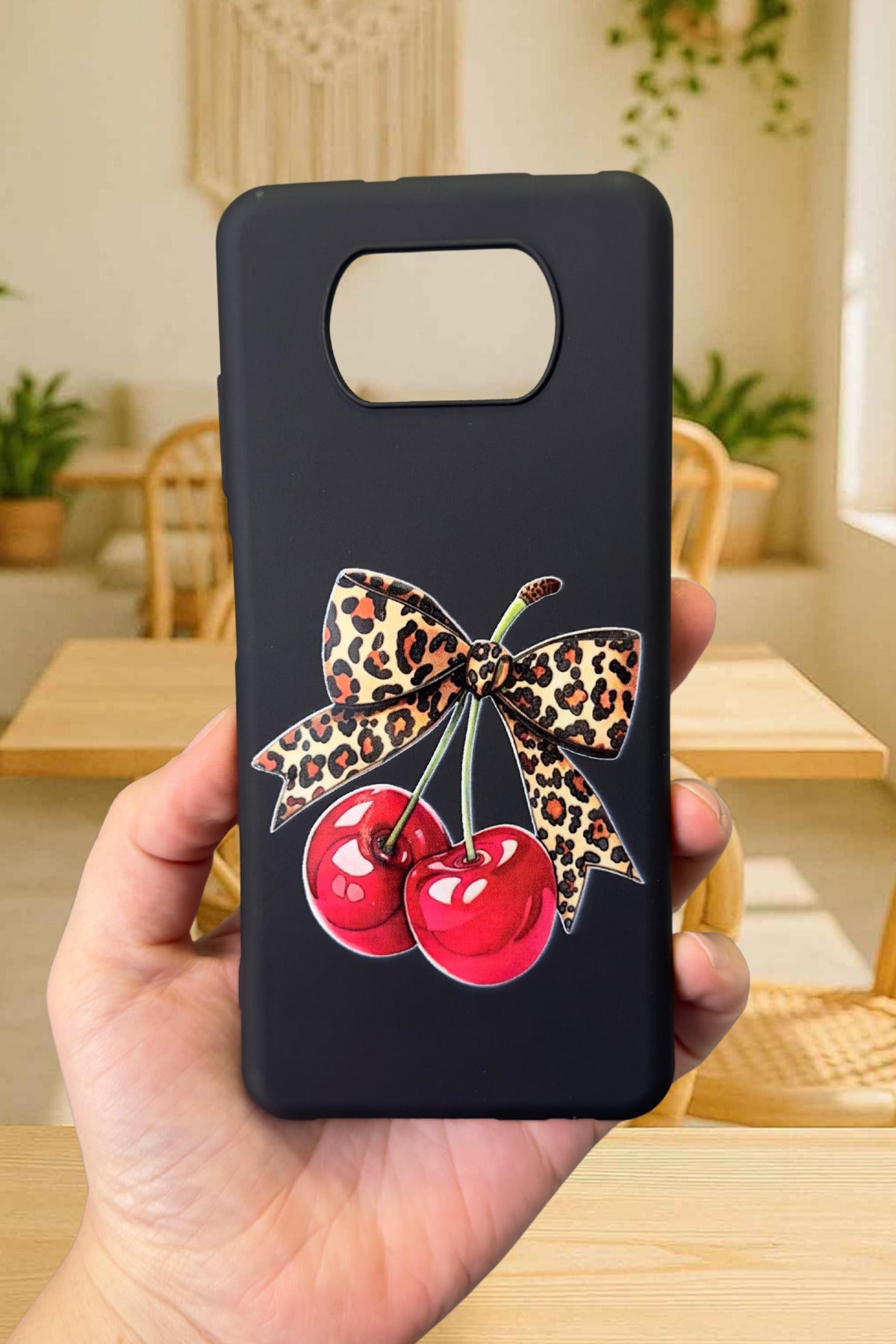 Poco X3 ve X3 Pro Uyumlu Kiraz Leopar Fiyonk Desenli Silikon Darbe Emici Rubber Kılıf