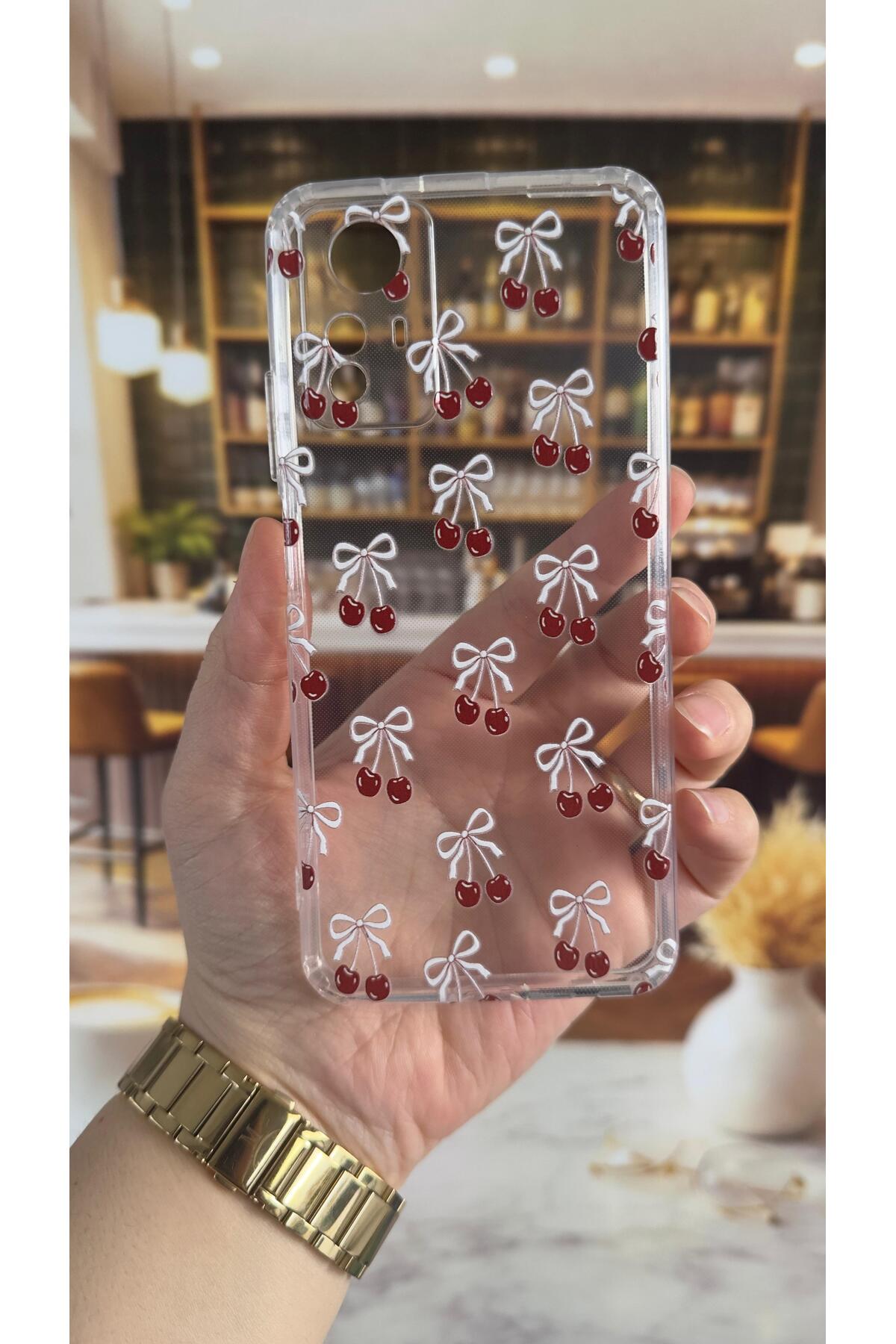 Xiaomi Redmi Note 12S Uyumlu Kiraz Desenli Şeffaf Darbe Emici Kamera Korumalı Clear Kılıf