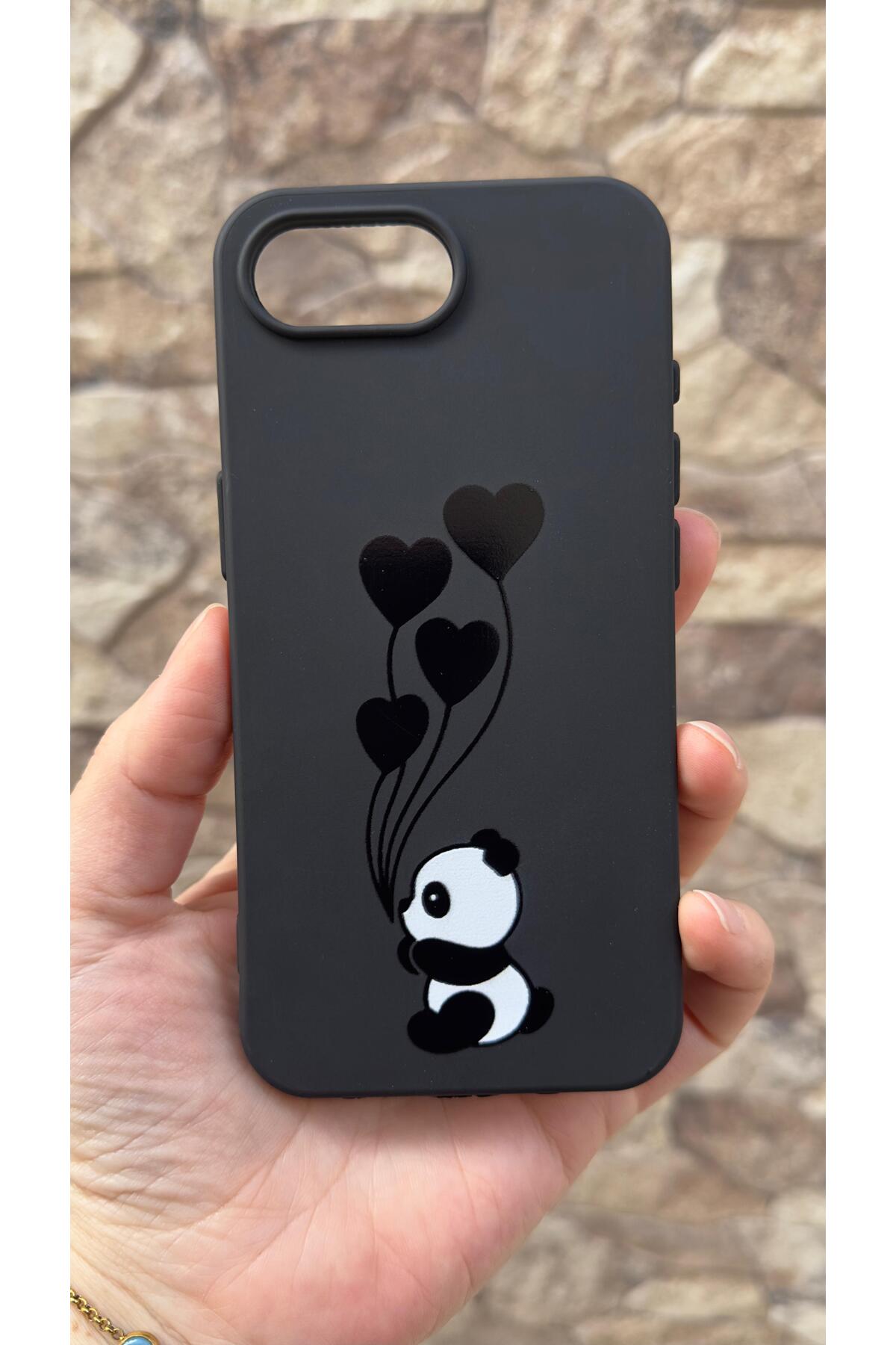 İphone 16E Uyumlu Kalpli Panda Desenli Silikon Darbe Emici Klasik Korumalı Rubber Kılıf
