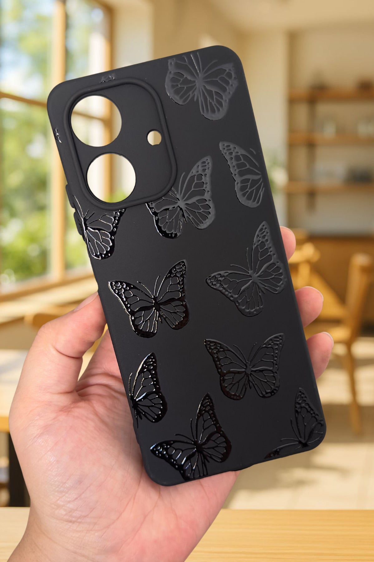 REALME NOTE 60 Uyumlu Siyah Kelebek Desenli Silikon Darbe Emici Klasik Korumalı Rubber Kılıf