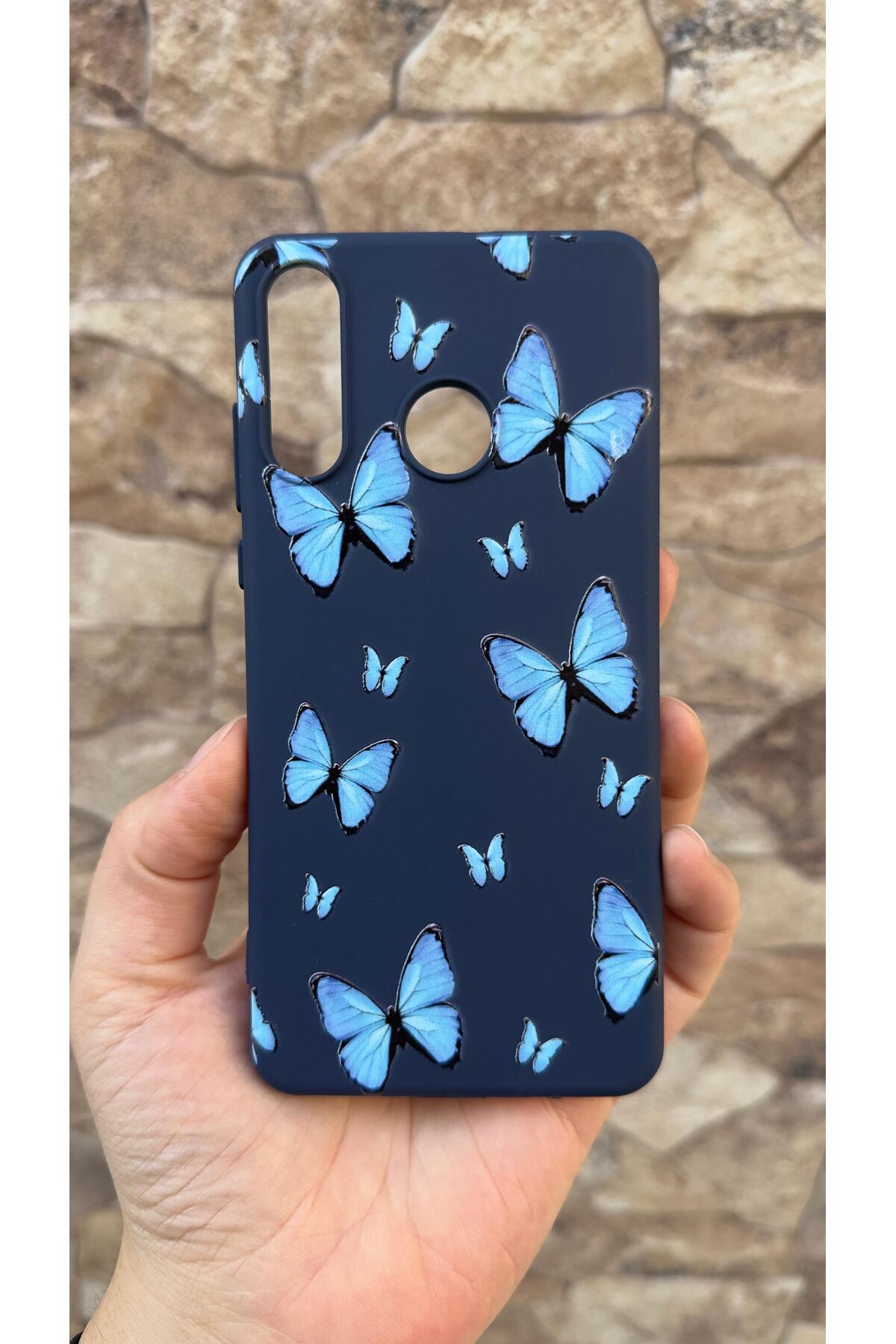 HUAWEİ Y7 2019 Uyumlu Mavi Kelebek Desenli Silikon Darbe Emici Klasik Korumalı Rubber Kılıf