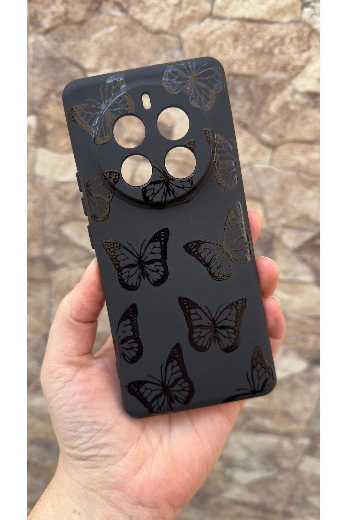 Realme 12 Pro Uyumlu Siyah Kelebek Desenli Silikon Darbe Emici Klasik Korumalı Rubber Kılıf