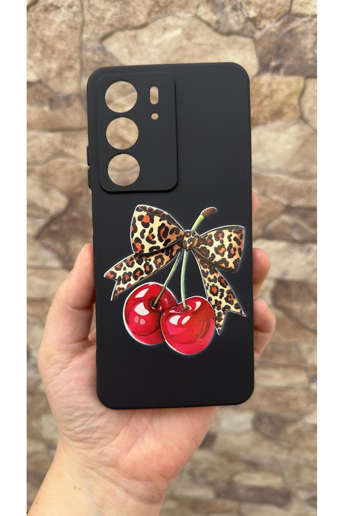 Realme C75 Uyumlu Kiraz Leopar Fiyonk Desenli Silikon Darbe Emici Klasik Korumalı Rubber Kılıf