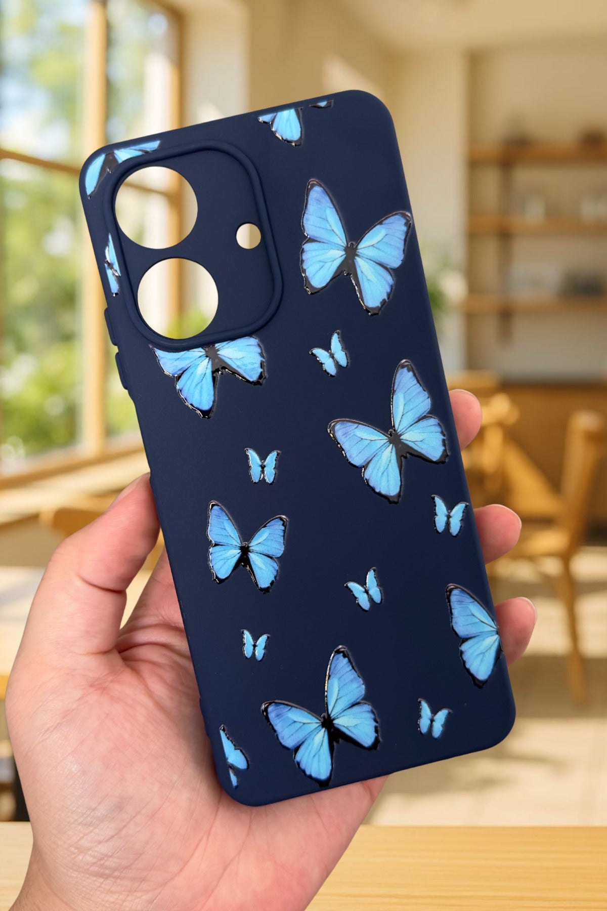 REALME NOTE 60 Uyumlu Mavi Kelebek Desenli Silikon Darbe Emici Klasik Korumalı Rubber Kılıf