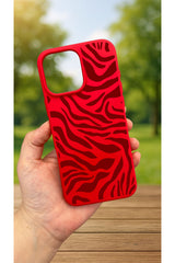 iPhone 13 -KIRMIZI ZEBRA DESENLİ Silikon Darbe Emici Klasik Korumalı Rubber Kılıf
