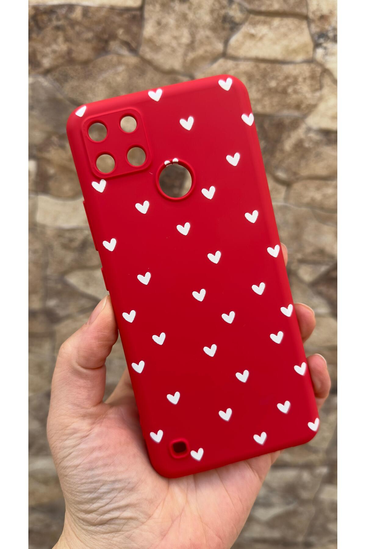 Realme C21Y Ve C25Y Uyumlu Mini Beyaz Kalp Desenli Silikon Darbe Emici Klasik Korumalı Rubber Kılıf