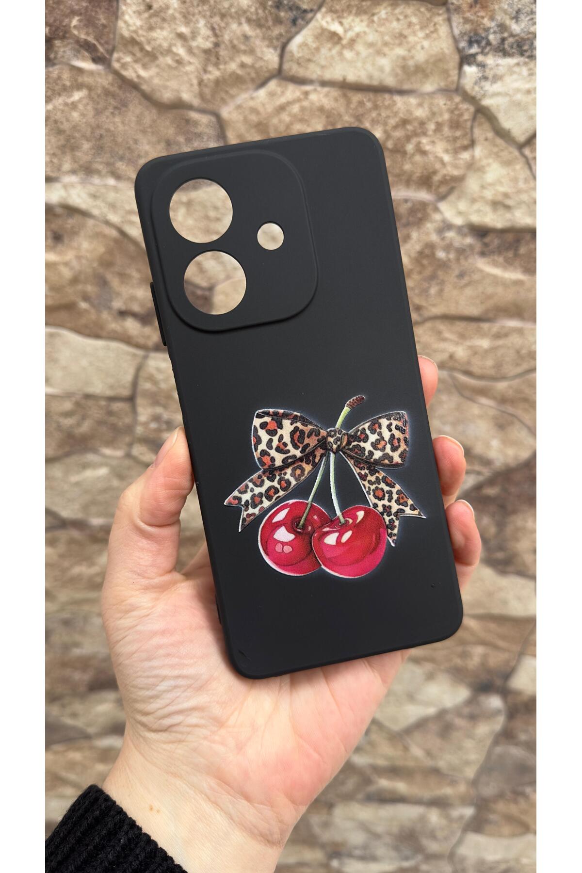 Oppo A3 Uyumlu Kiraz Fiyonk Leopar Desenli Silikon Darbe Emici Klasik Korumalı Rubber Kılıf