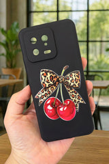 Xiaomi Mi 13 Uyumlu Kiraz Leopar Fiyonk Desenli Silikon Darbe Emici Klasik Korumalı Rubber Kılıf