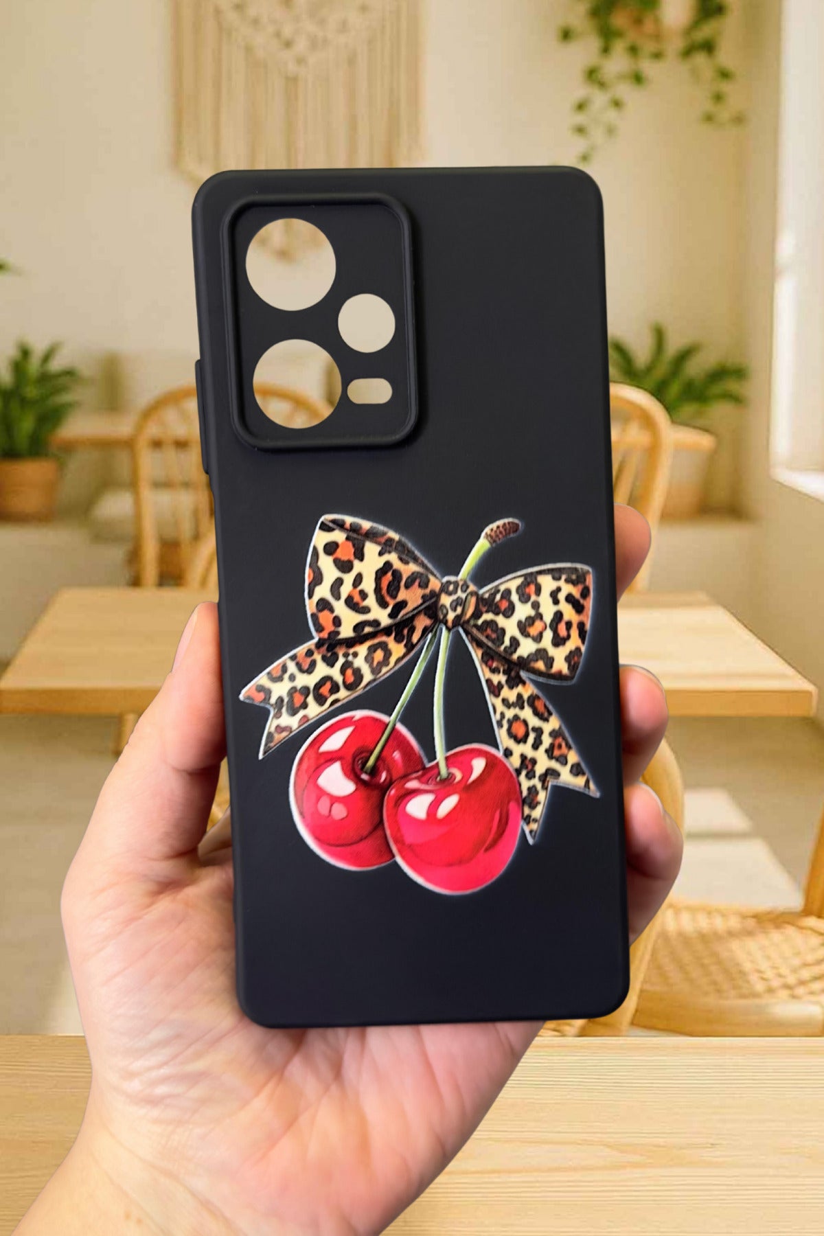 Redmi Note 12 Pro 5G Uyumlu Kiraz Leopar Fiyonk Desenli Silikon Darbe Emici Rubber Kılıf
