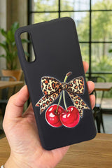 Samsung Galaxy A70 Uyumlu Kiraz Leopar Fiyonk Desenli Silikon Darbe Emici Klasik Rubber Kılıf