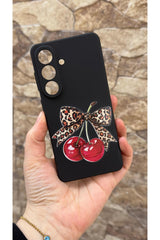 Samsung Galaxy S26 Uyumlu Kiraz Fiyonk Leopar Desenli Silikon Darbe Emici Klasik Korumalı Kılıf