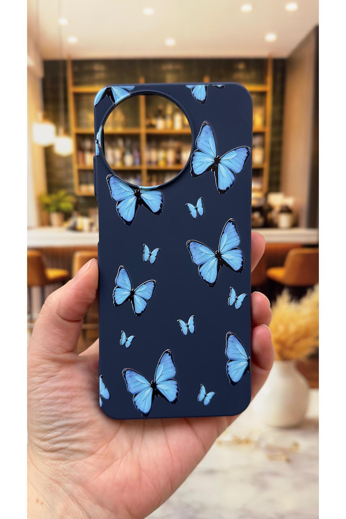 Realme 11 Uyumlu Mavi Kelebek Desenli Silikon Darbe Emici Klasik Korumalı Rubber Kılıf