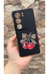 VİVO V29 Uyumlu Kiraz Fiyonk Leopar Desenli Silikon Darbe Emici Klasik Korumalı Rubber Kılıf