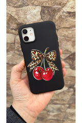 İphone 11 Uyumlu Kiraz Leopar Fiyonk Desenli Silikon Darbe Emici Klasik Korumalı Rubber Kılıf