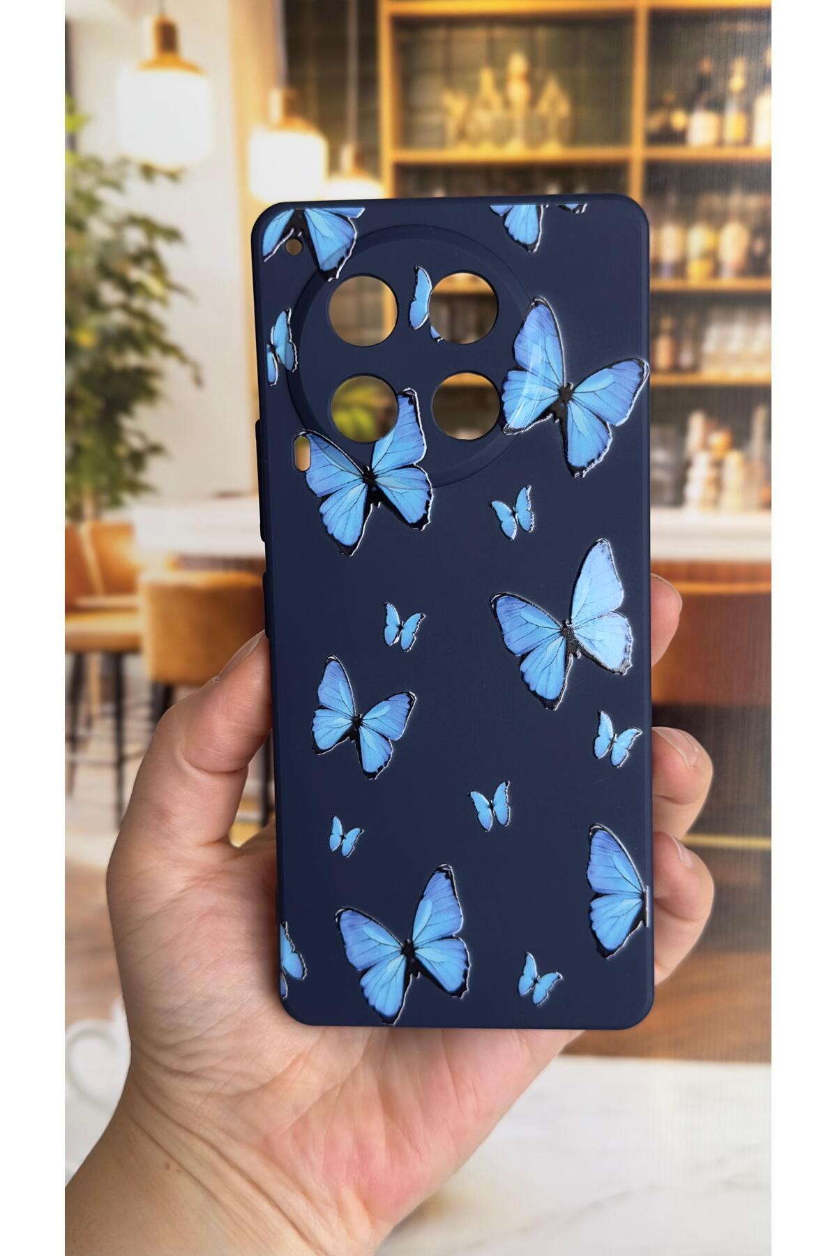 Tecno Camon 30 Uyumlu Mavi Kelebek Desenli Silikon Darbe Emici Klasik Korumalı Rubber Kılıf