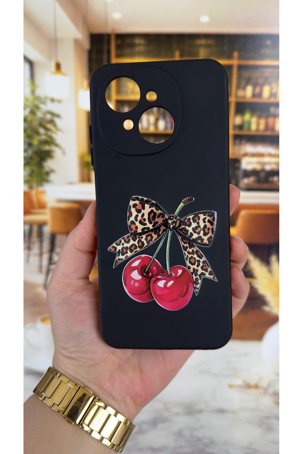 Tecno Spark Go1 Uyumlu Kiraz Fiyonk Leopar Desenli Silikon Darbe Emici Klasik Korumalı Rubber Kılıf