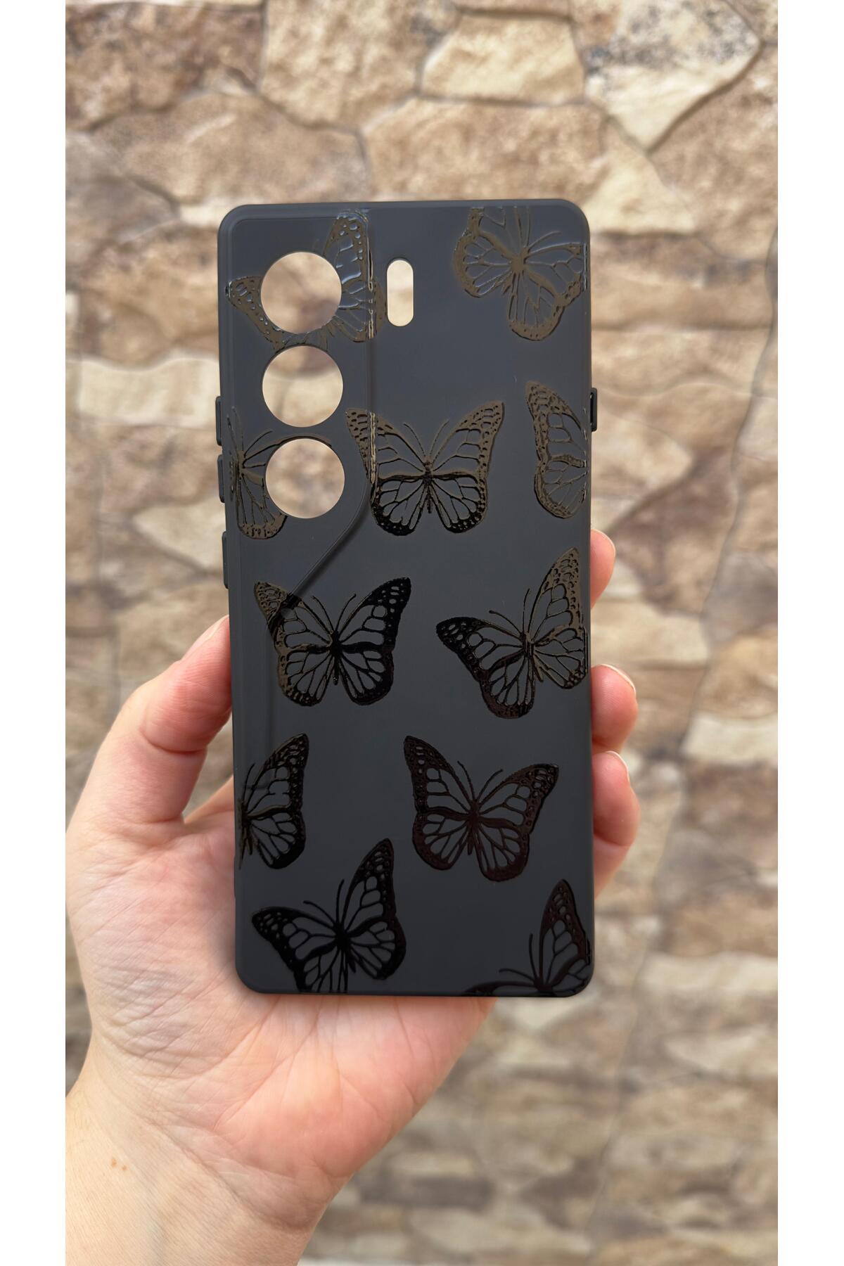 Tecno Camon 40 Pro Uyumlu Siyah Kelebek Desenli Silikon Darbe Emici Klasik Korumalı Rubber Kılıf