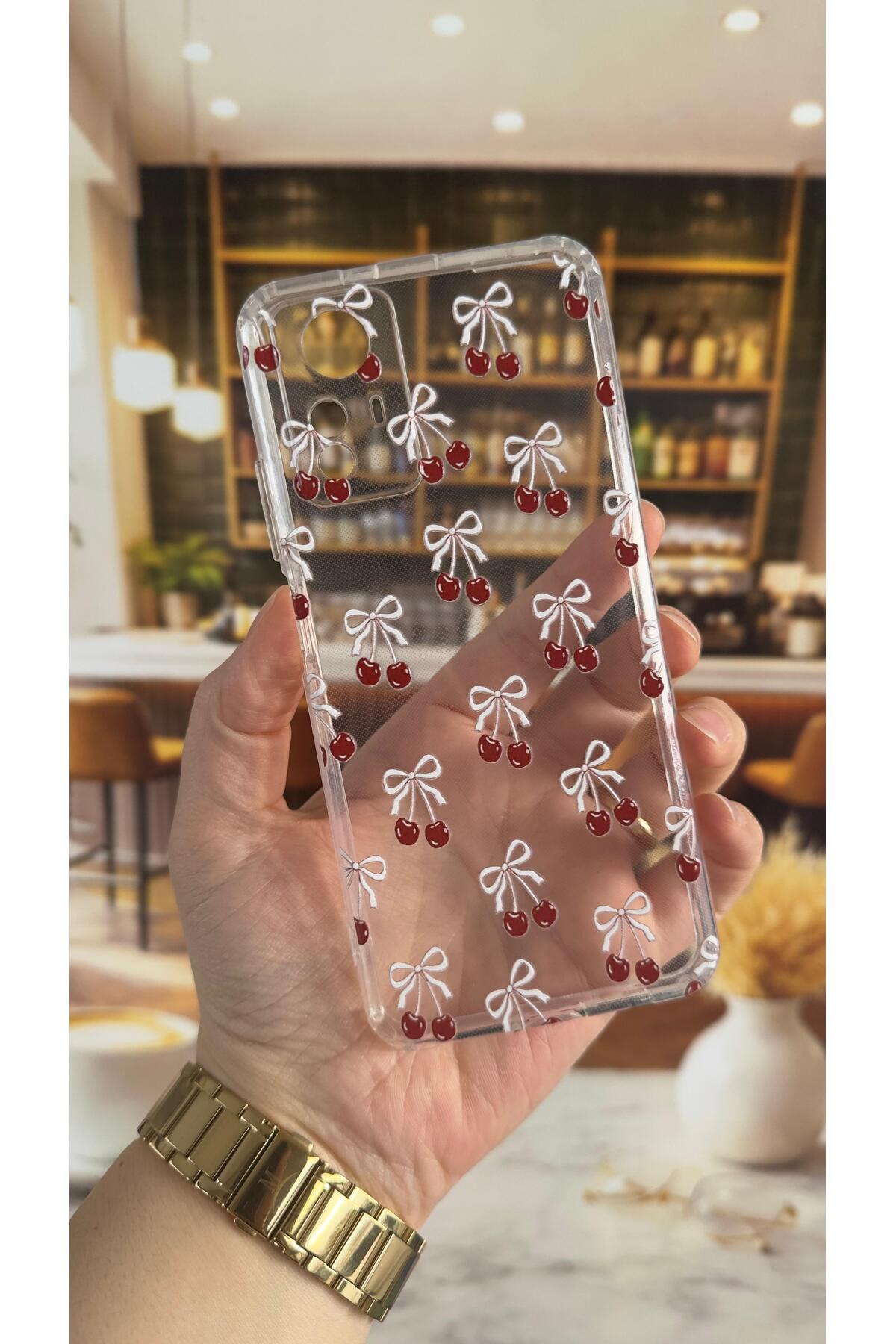 Xiaomi Redmi Note 12S Uyumlu Kiraz Desenli Şeffaf Darbe Emici Kamera Korumalı Clear Kılıf