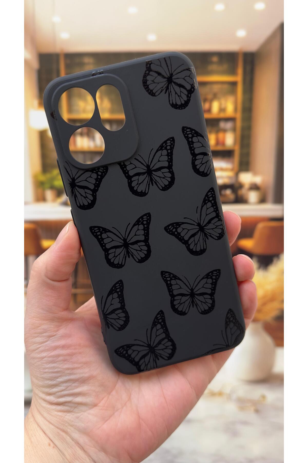 OPPO RENO 14F Uyumlu Siyah Kelebek Desenli Silikon Darbe Emici Klasik Korumalı Rubber Kılıf