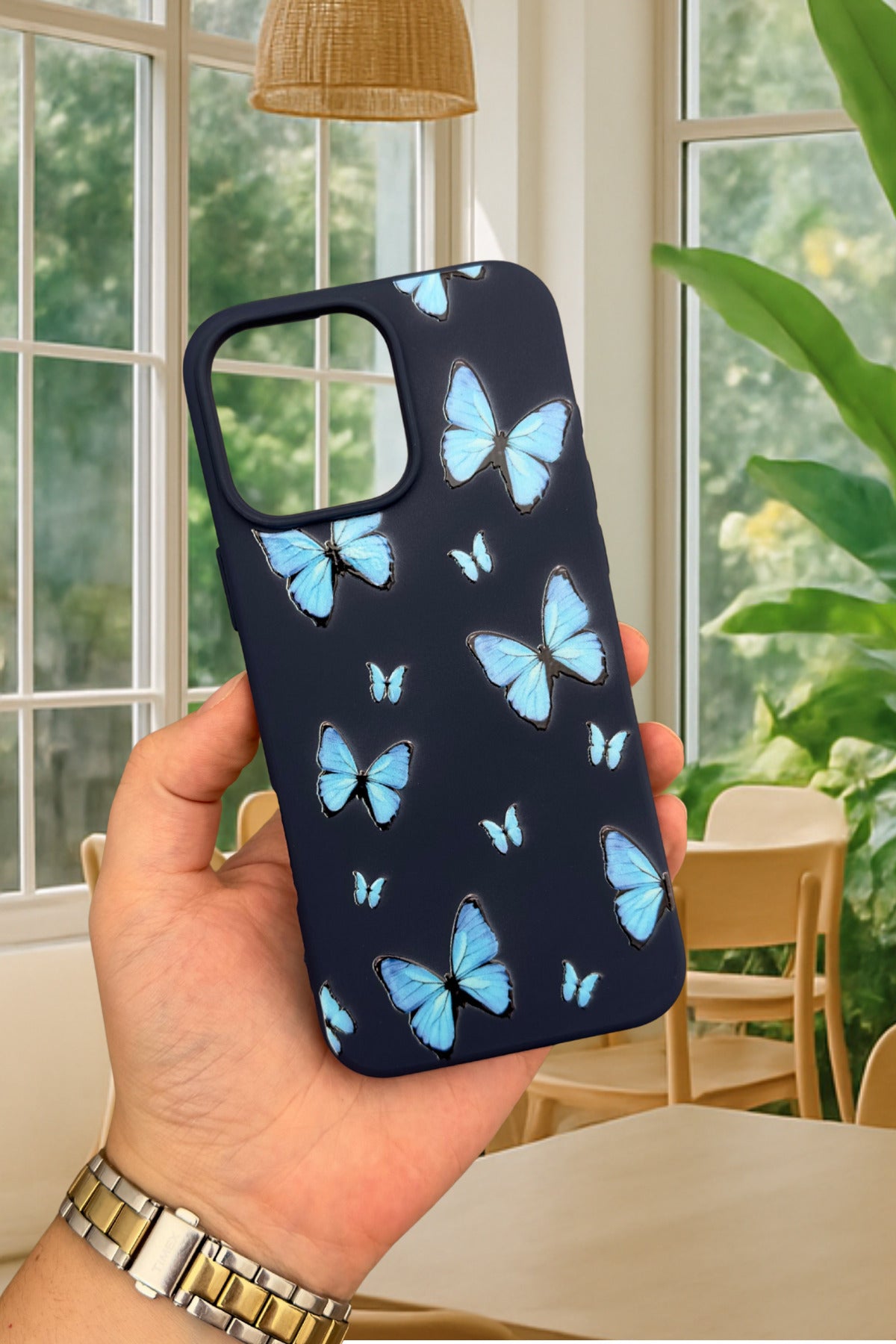 iPhone 14 Plus/15 Plus Uyumlu MAVİ KELEBEK DESENLİ Silikon Darbe Emici Klasik Korumalı Rubber Kılıf