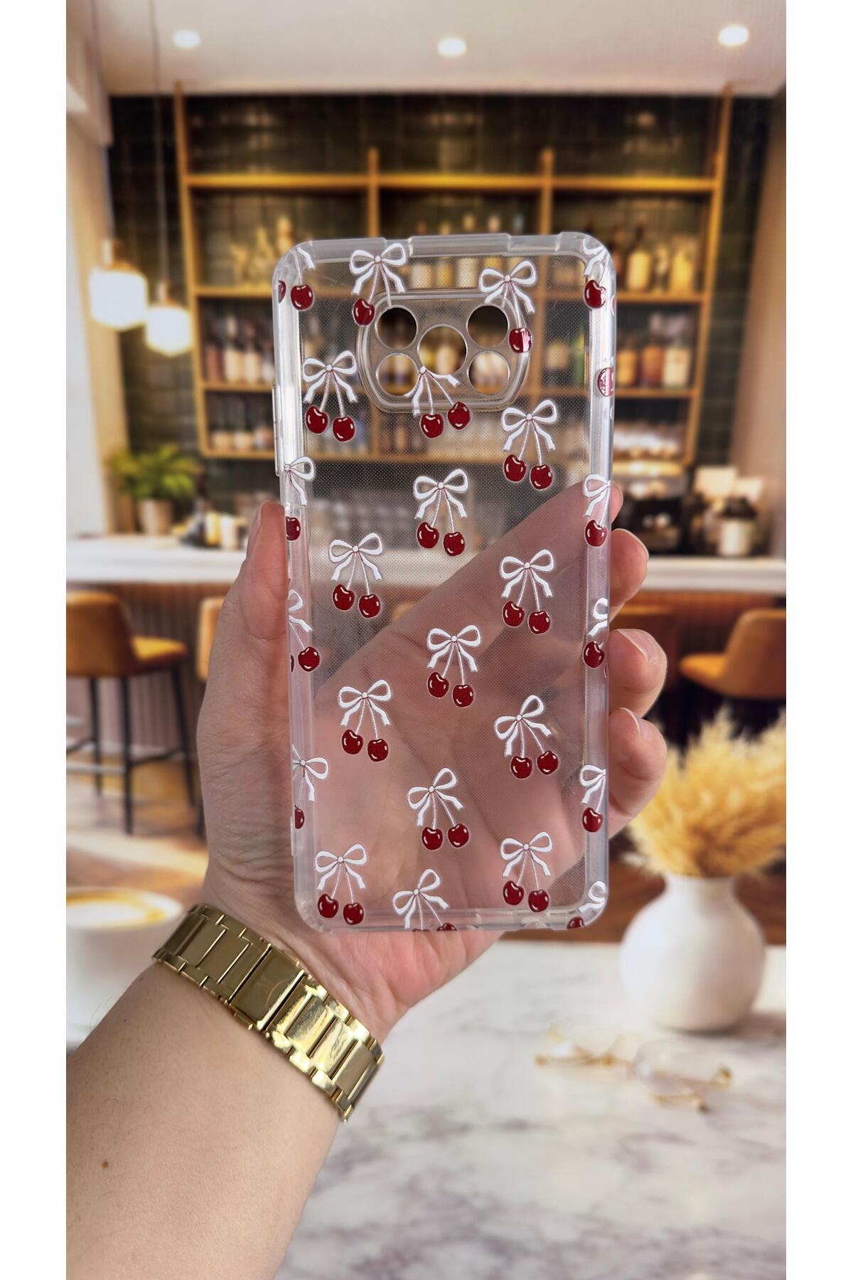 Poco X3 Uyumlu Kiraz Desenli Şeffaf Darbe Emici Kamera Korumalı Clear Kılıf