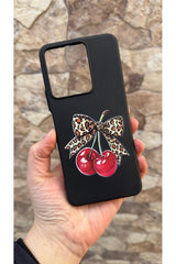 VİVO Y35 Uyumlu Kiraz Fiyonk Leopar Desenli Silikon Darbe Emici Klasik Korumalı Rubber Kılıf