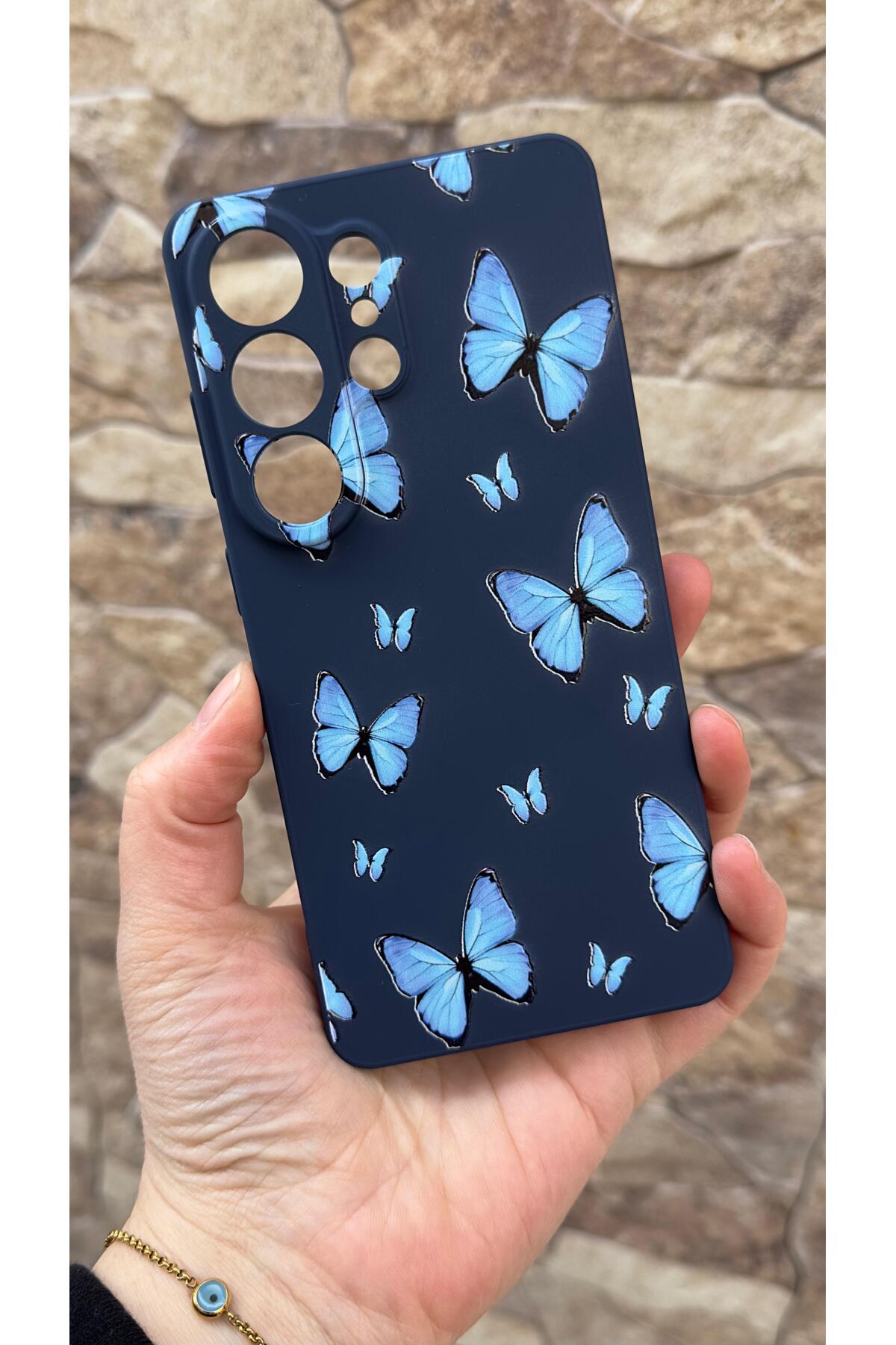 Samsung Galaxy S26 Ultra Uyumlu Mavi Kelebek Desenli Silikon Darbe Emici Klasik Korumalı Kılıf