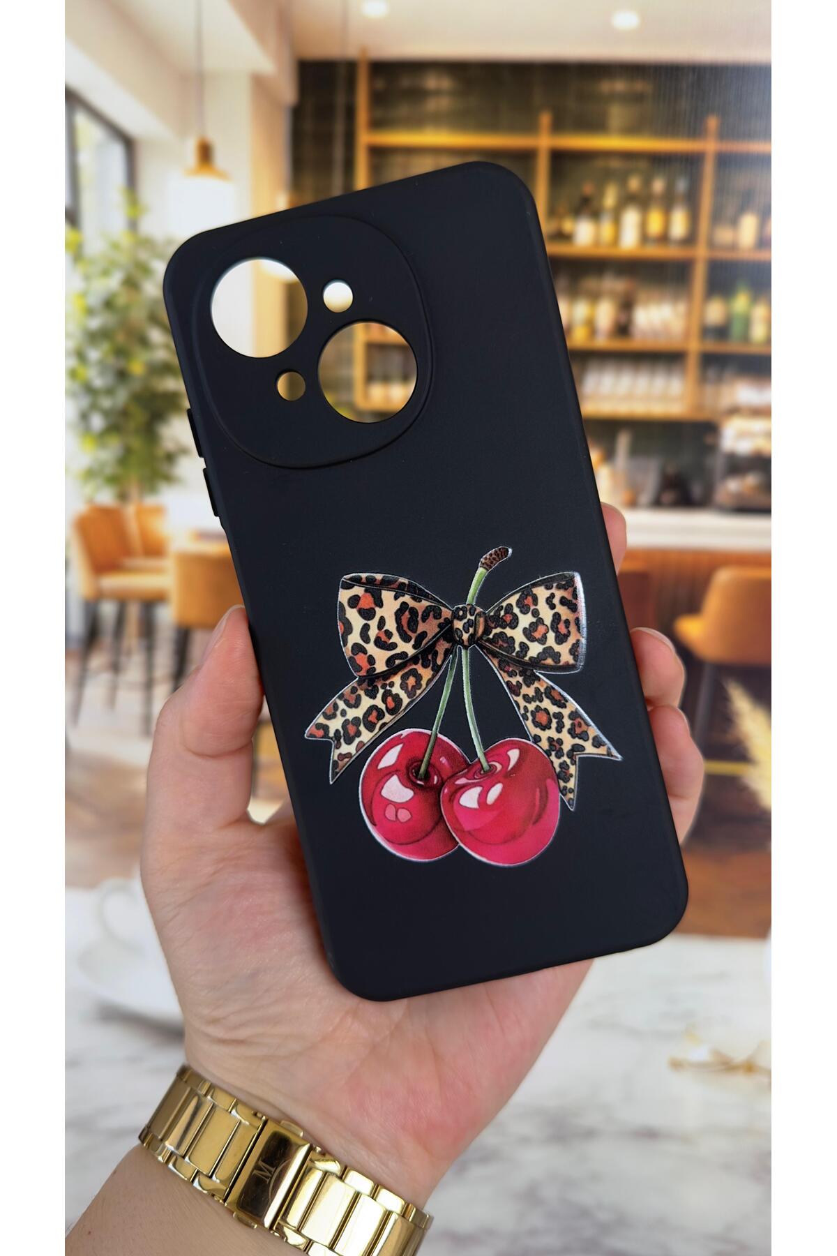 Tecno Spark Go1 Uyumlu Kiraz Fiyonk Leopar Desenli Silikon Darbe Emici Klasik Korumalı Rubber Kılıf