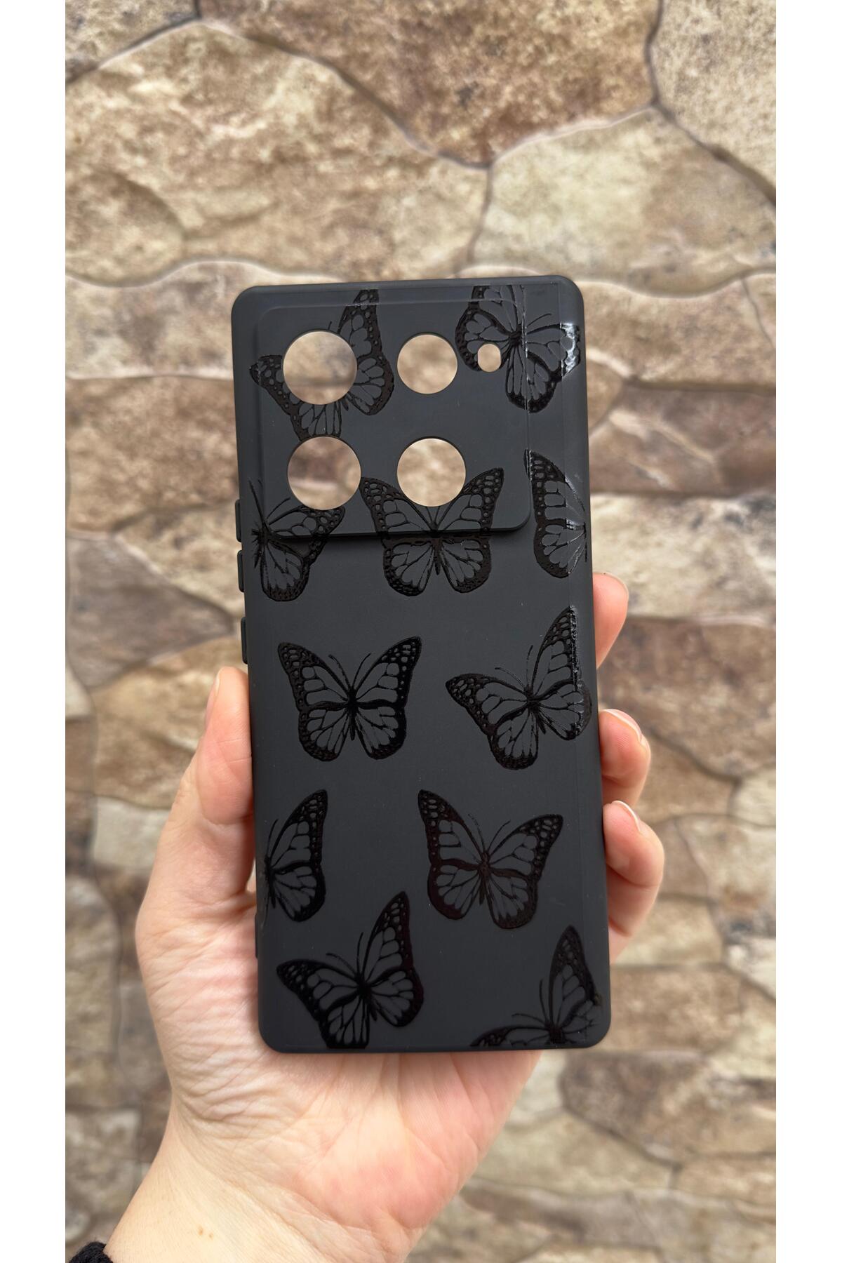 İnfınıx Note 40 Pro Uyumlu Siyah Kelebek Desenli Silikon Darbe Emici Klasik Korumalı Rubber Kılıf