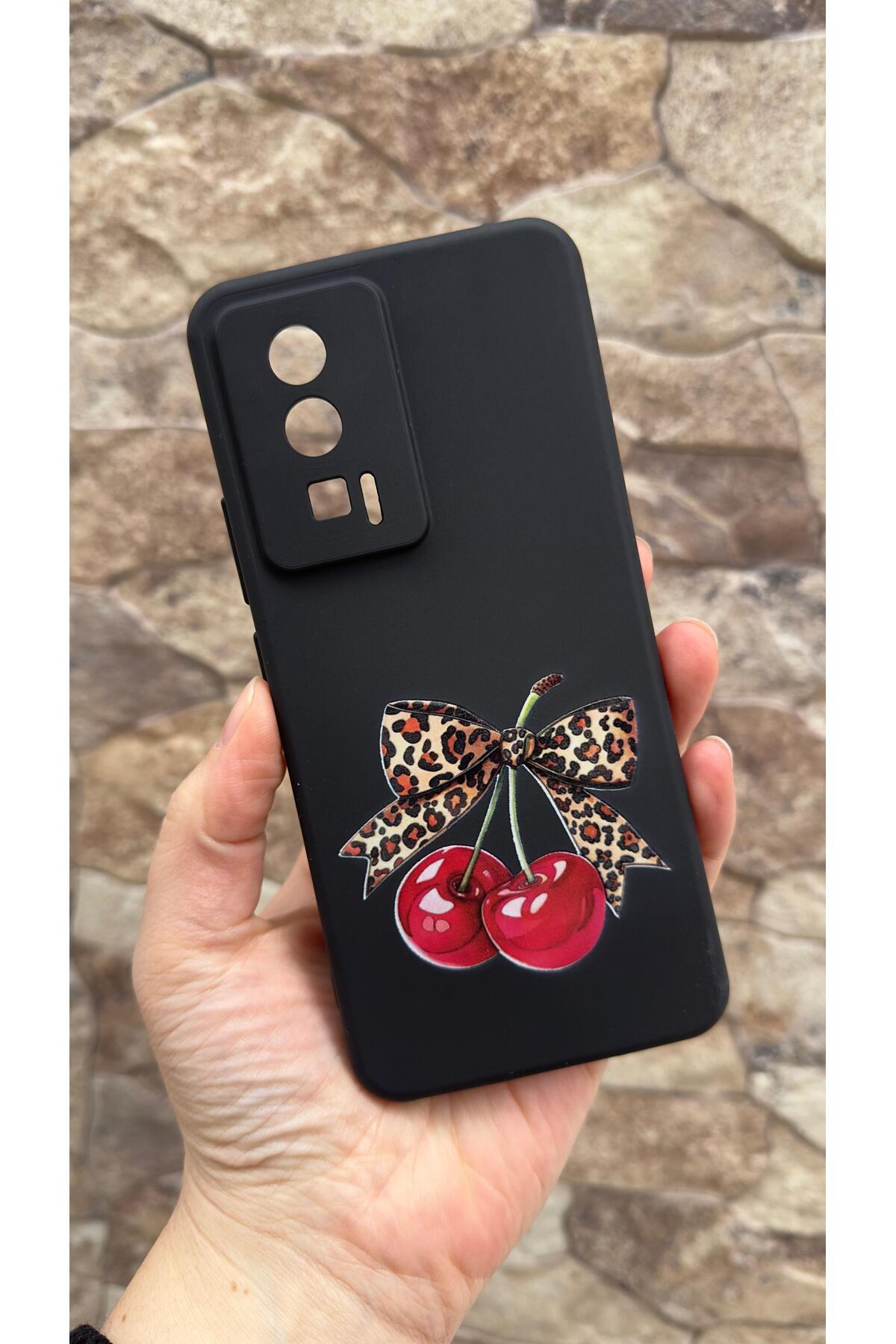Poco F5 Pro Uyumlu Kiraz Fiyonk Leopar Desenli Silikon Darbe Emici Klasik Korumalı Rubber Kılıf
