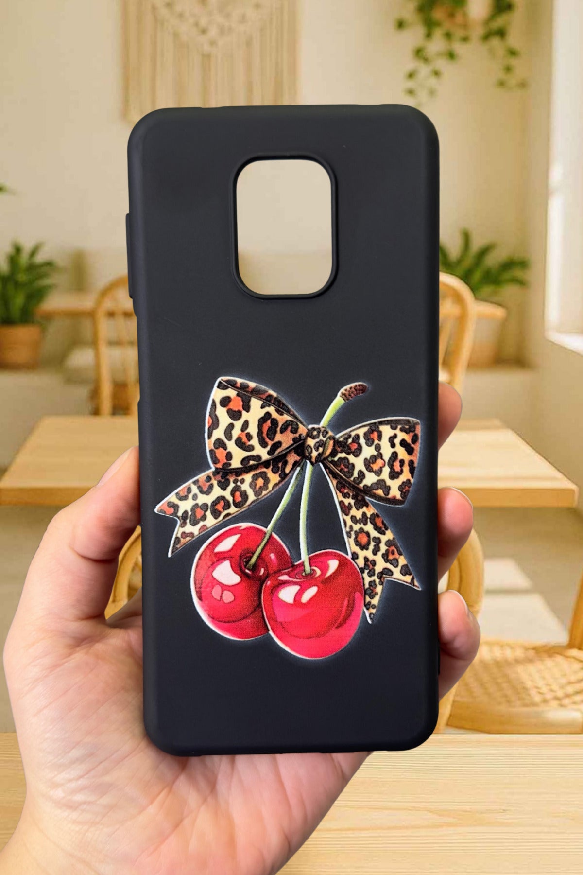 Redmi Note 9 Pro ve 9S Uyumlu Kiraz Leopar Fiyonk Desenli Silikon Darbe Emici Rubber Kılıf