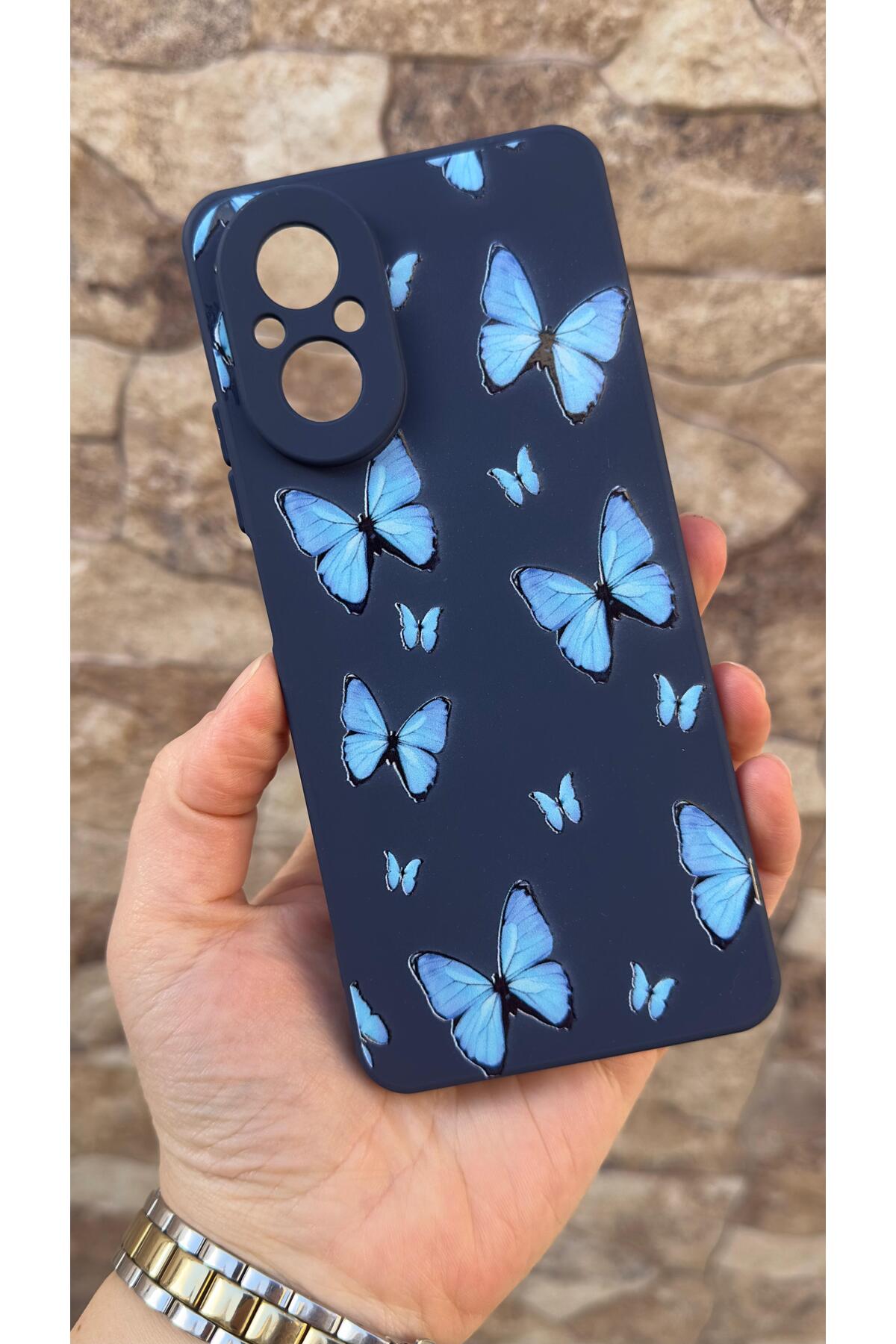 REALME 12 LİTE Uyumlu Mavi Kelebek Desenli Silikon Darbe Emici Klasik Korumalı Rubber Kılıf