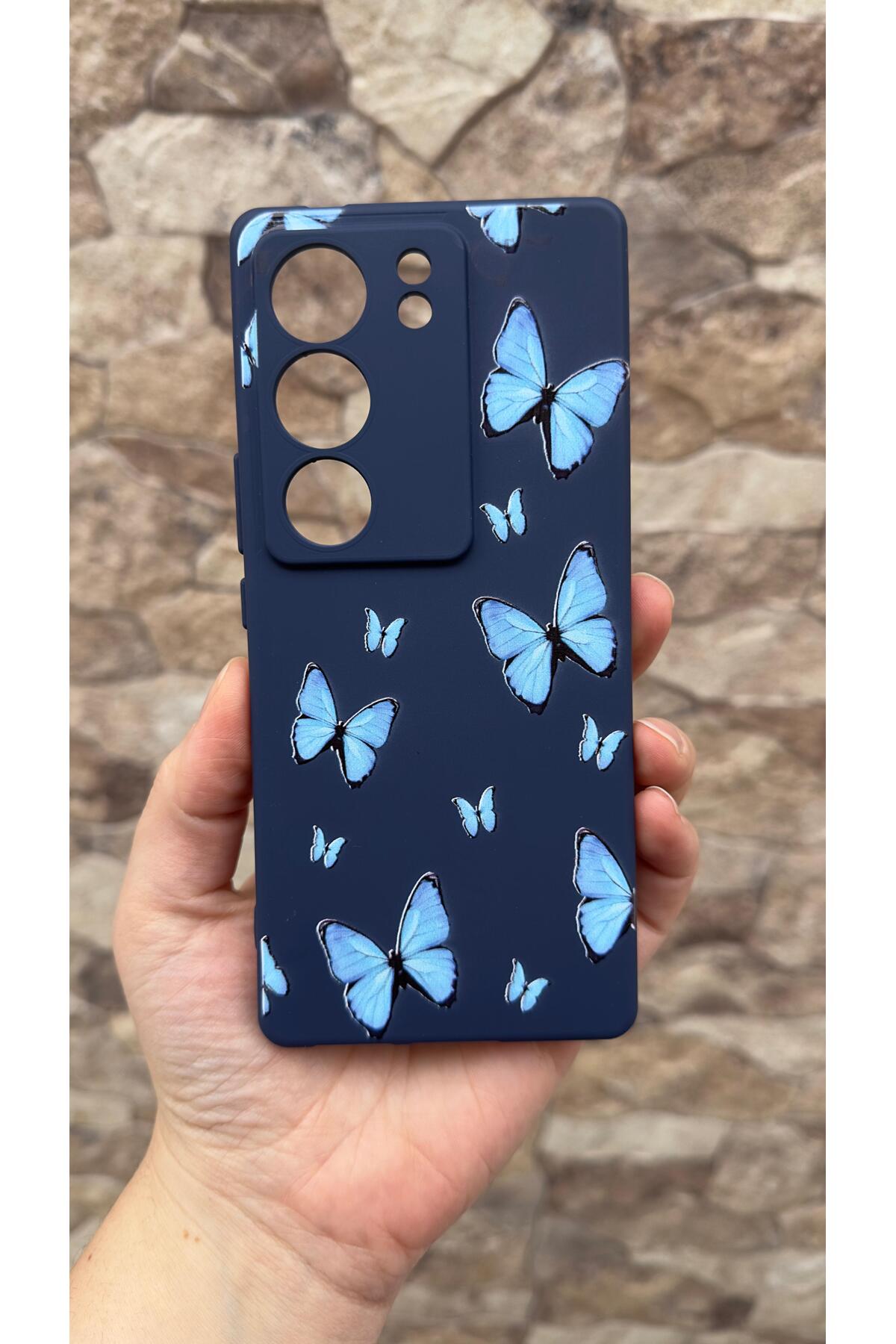 VİVO V29 Uyumlu Mavi Kelebek Desenli Silikon Darbe Emici Klasik Korumalı Rubber Kılıf