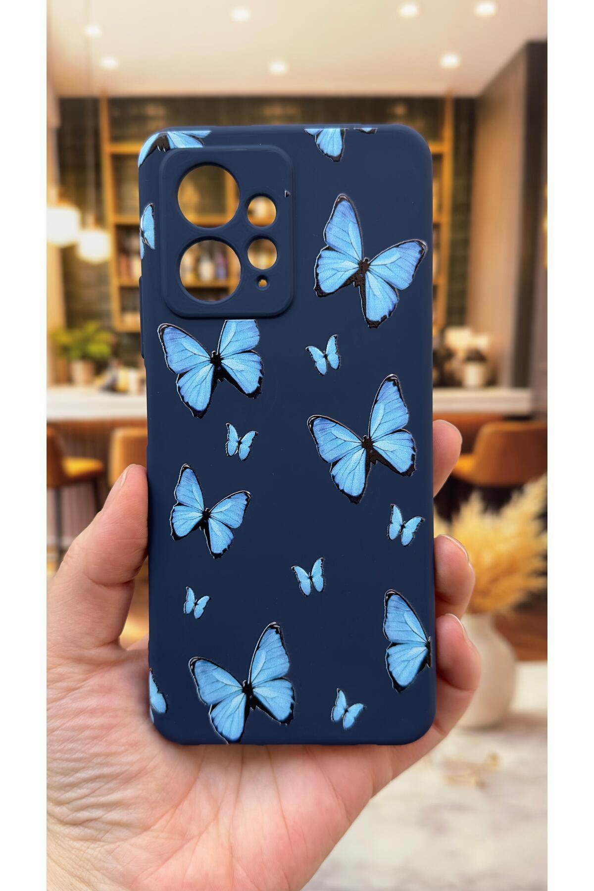 Xiaomi Redmi Note 12 4G Uyumlu Mavi Kelebek Desenli Silikon Darbe Emici Klasik Korumalı Rubber Kılıf
