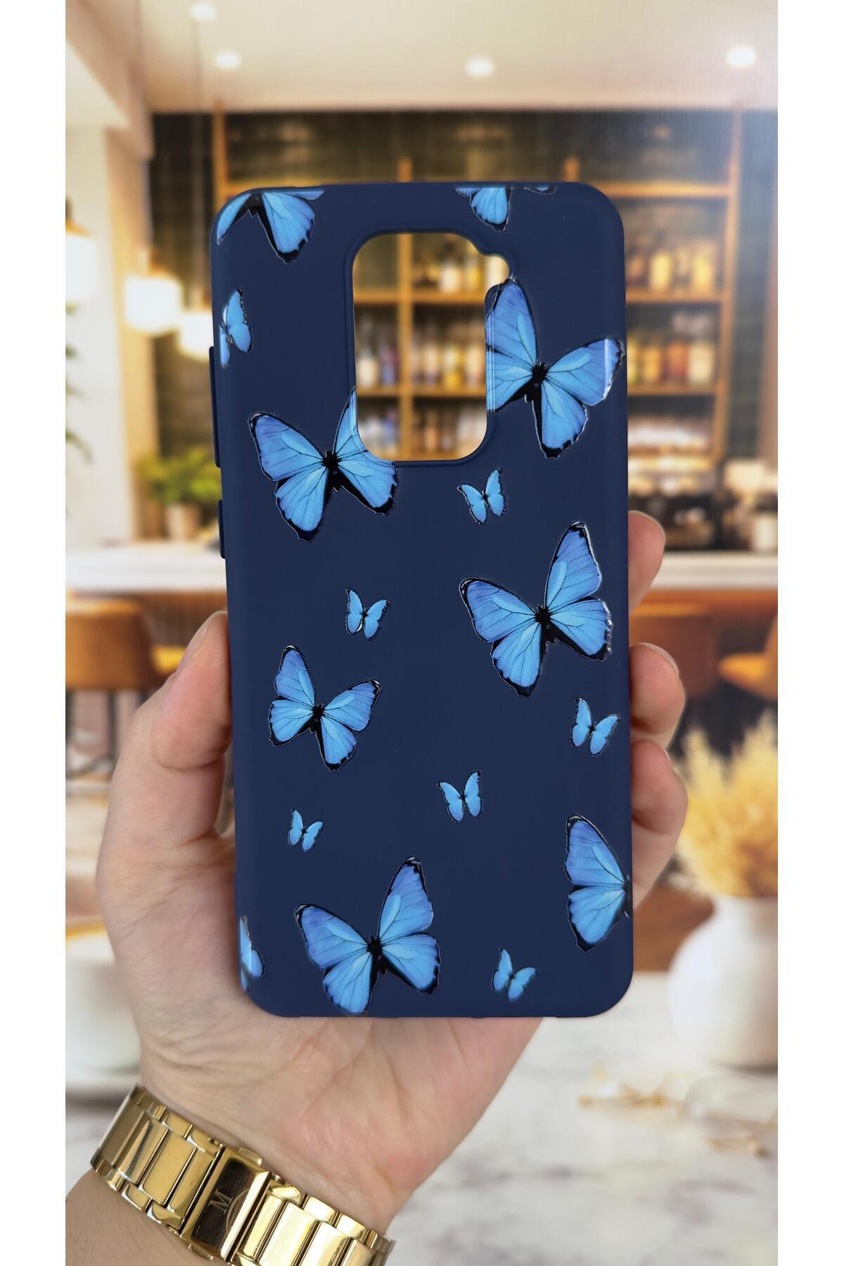 Redmi Note 9 Uyumlu Mavi Kelebek Desenli Silikon Darbe Emici Klasik Korumalı Rubber Kılıf