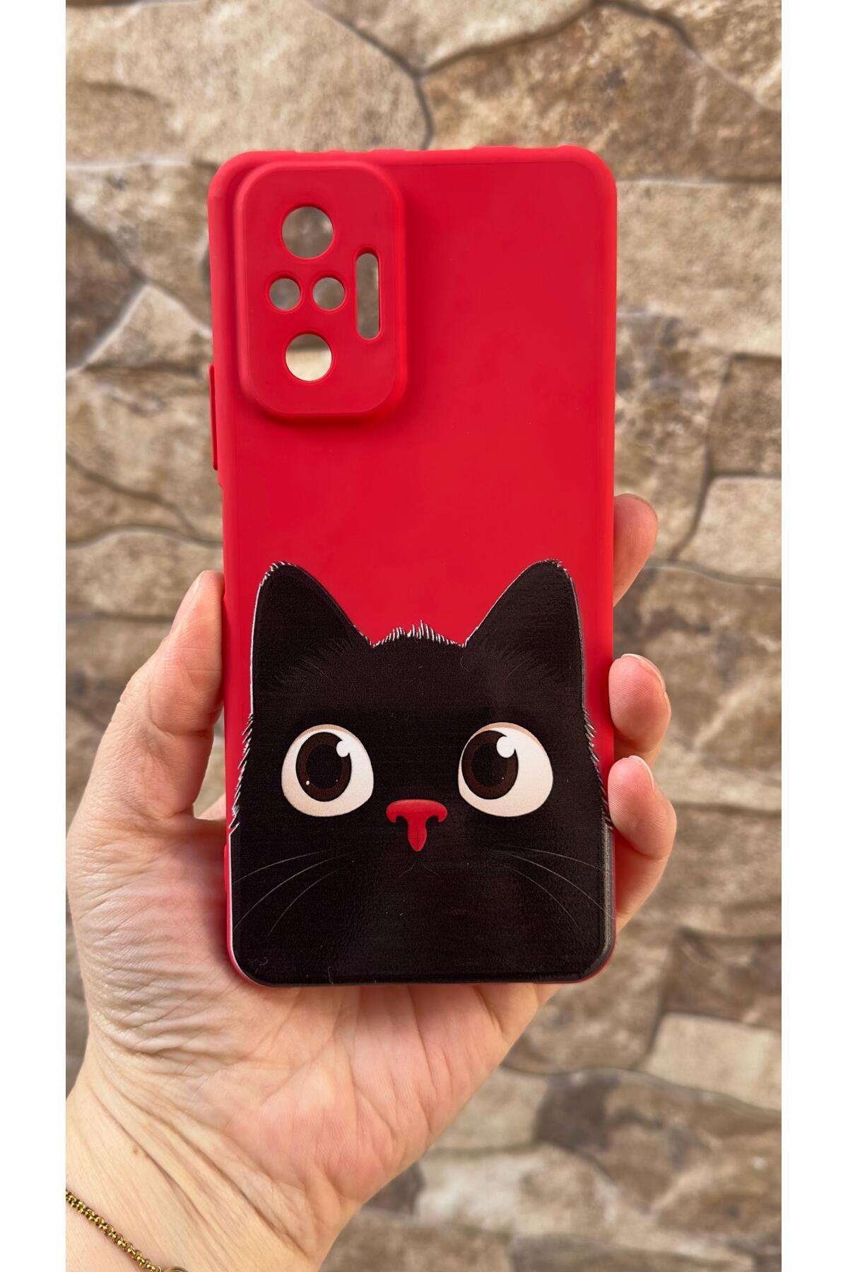 Redmi Note 10 Pro Uyumlu Sevimli Siyah Kedi Desenli Silikon Darbe Emici Klasik Korumalı Rubber Kılıf