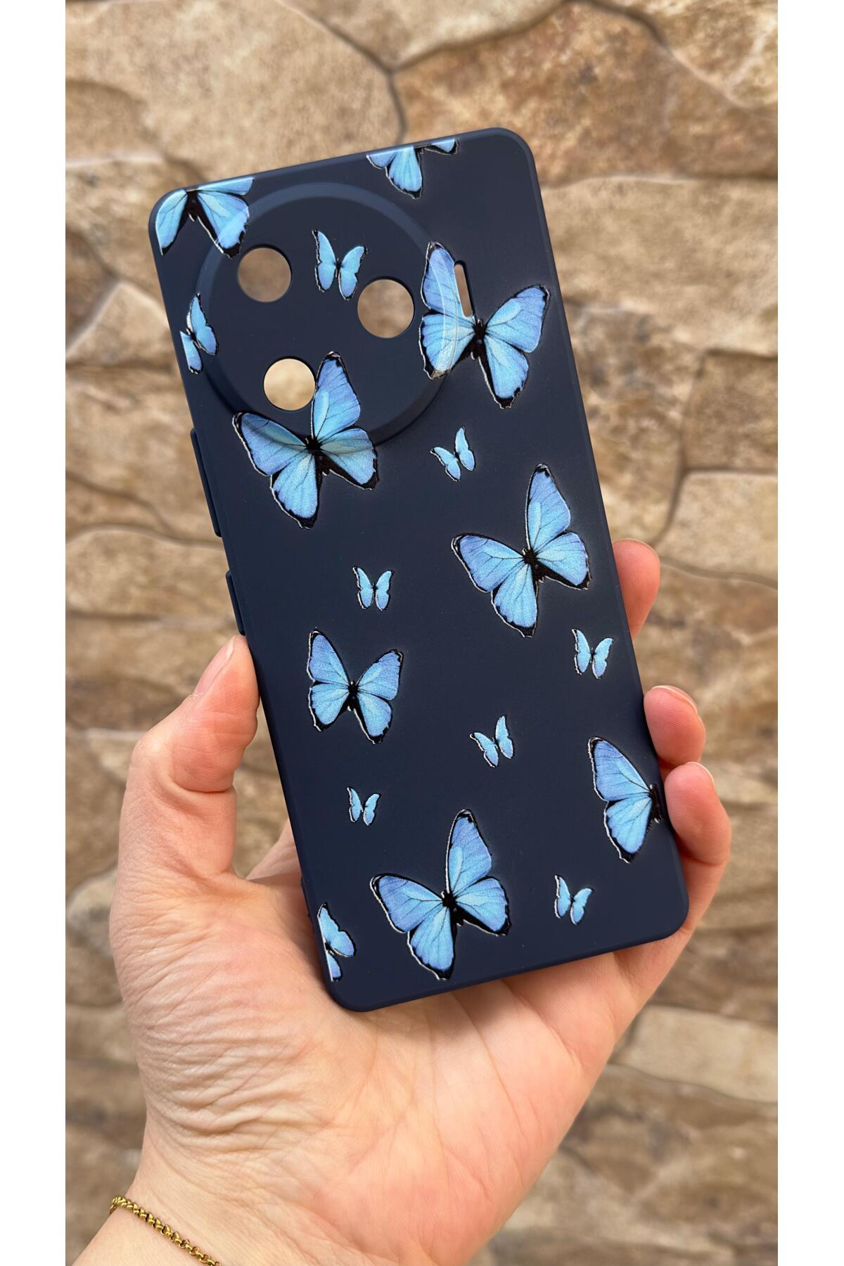 Tecno Camon 30 Pro 5G Uyumlu Mavi Kelebek Desenli Silikon Darbe Emici Klasik Korumalı Rubber Kılıf