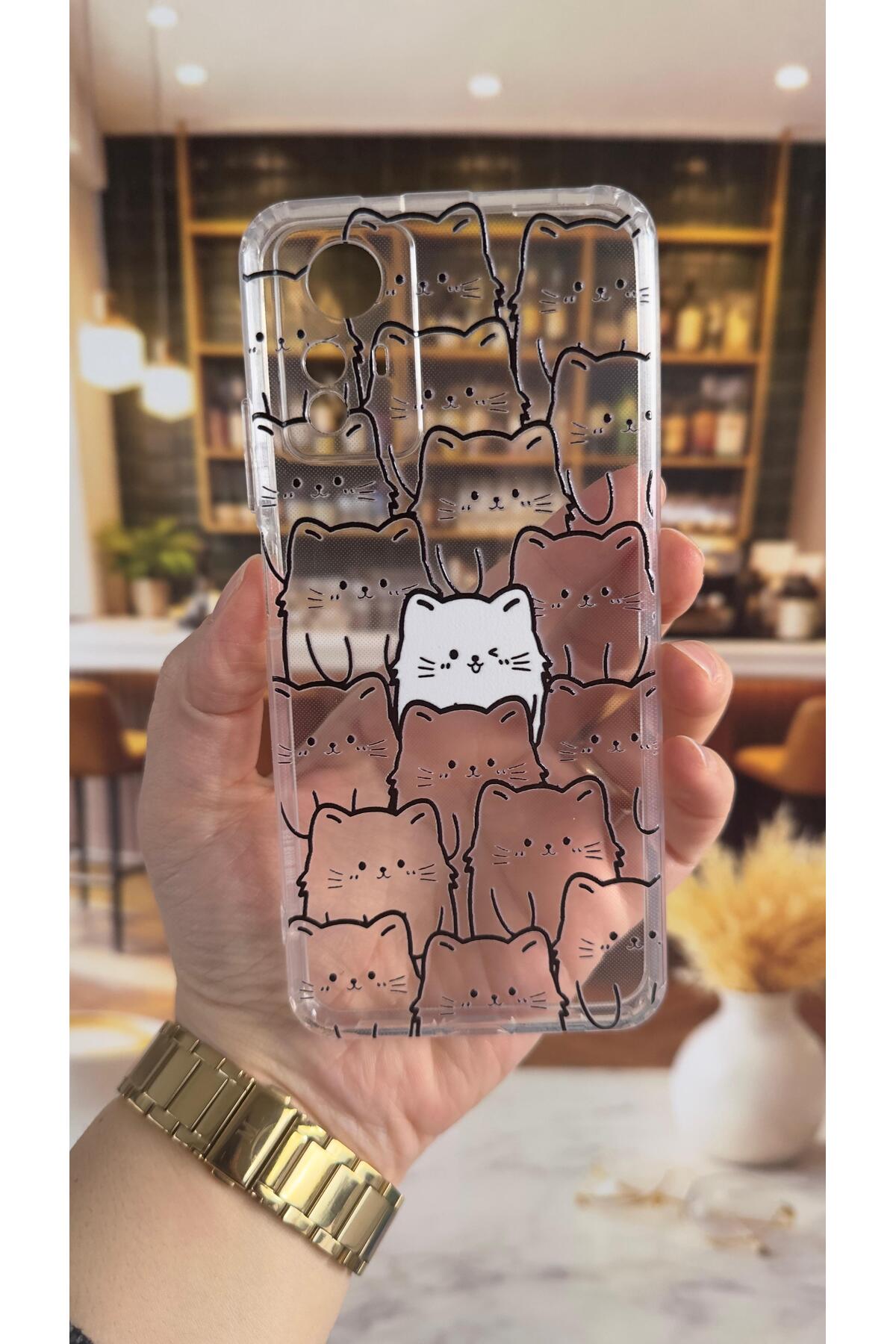 Xiaomi Redmi Note 12S Uyumlu Manycat Desenli Şeffaf Darbe Emici Kamera Korumalı Clear Kılıf