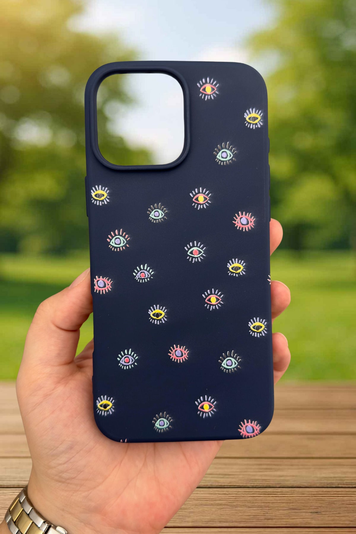iPhone 14 Plus/15 Plus Uyumlu MİNİ EVIL EYE DESENLİ Darbeye Dayanıklı Klasik Silikon Rubber Kılıf