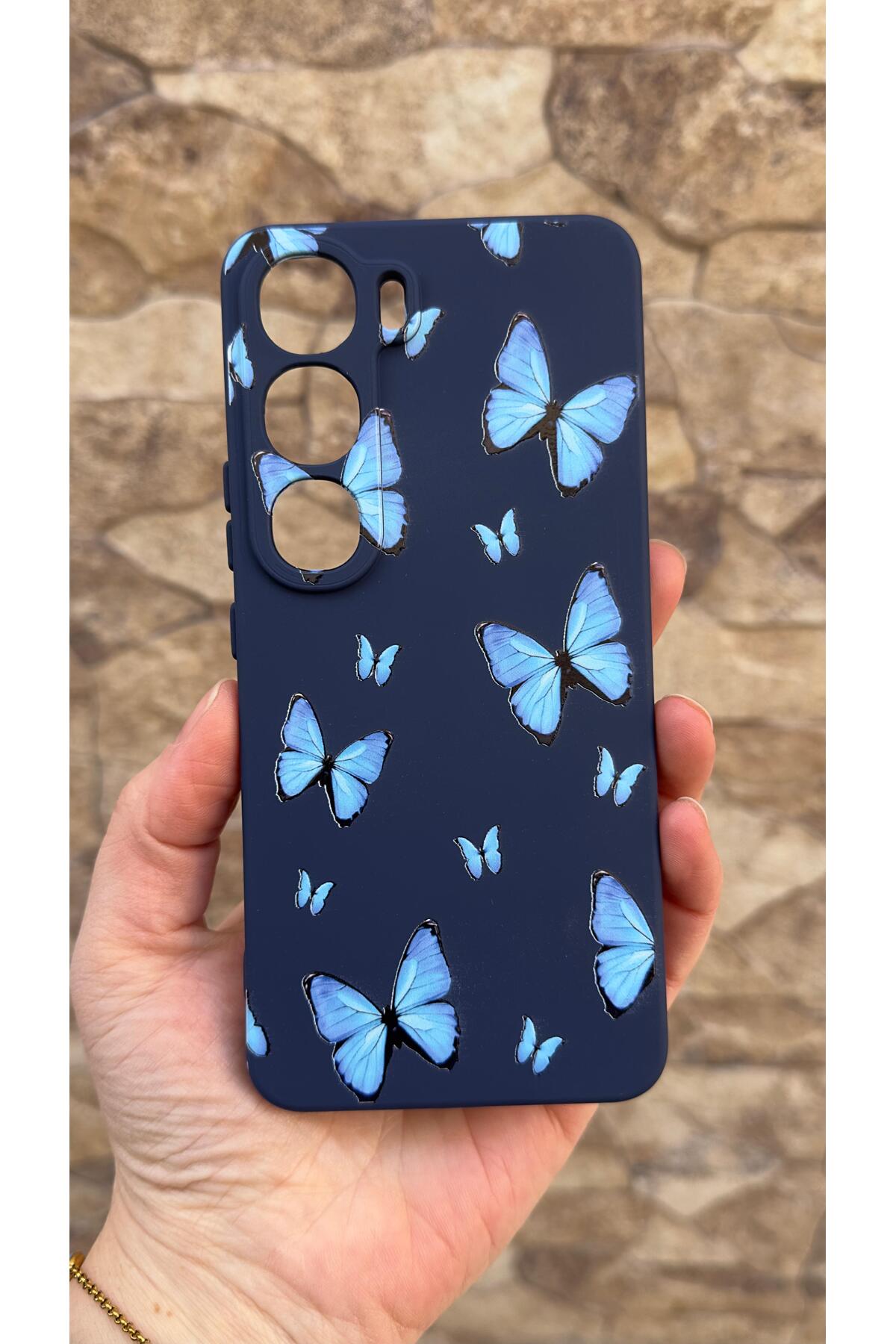 Vivo V40 Lite 5G Uyumlu Mavi Kelebek Desenli Silikon Darbe Emici Klasik Korumalı Rubber Kılıf