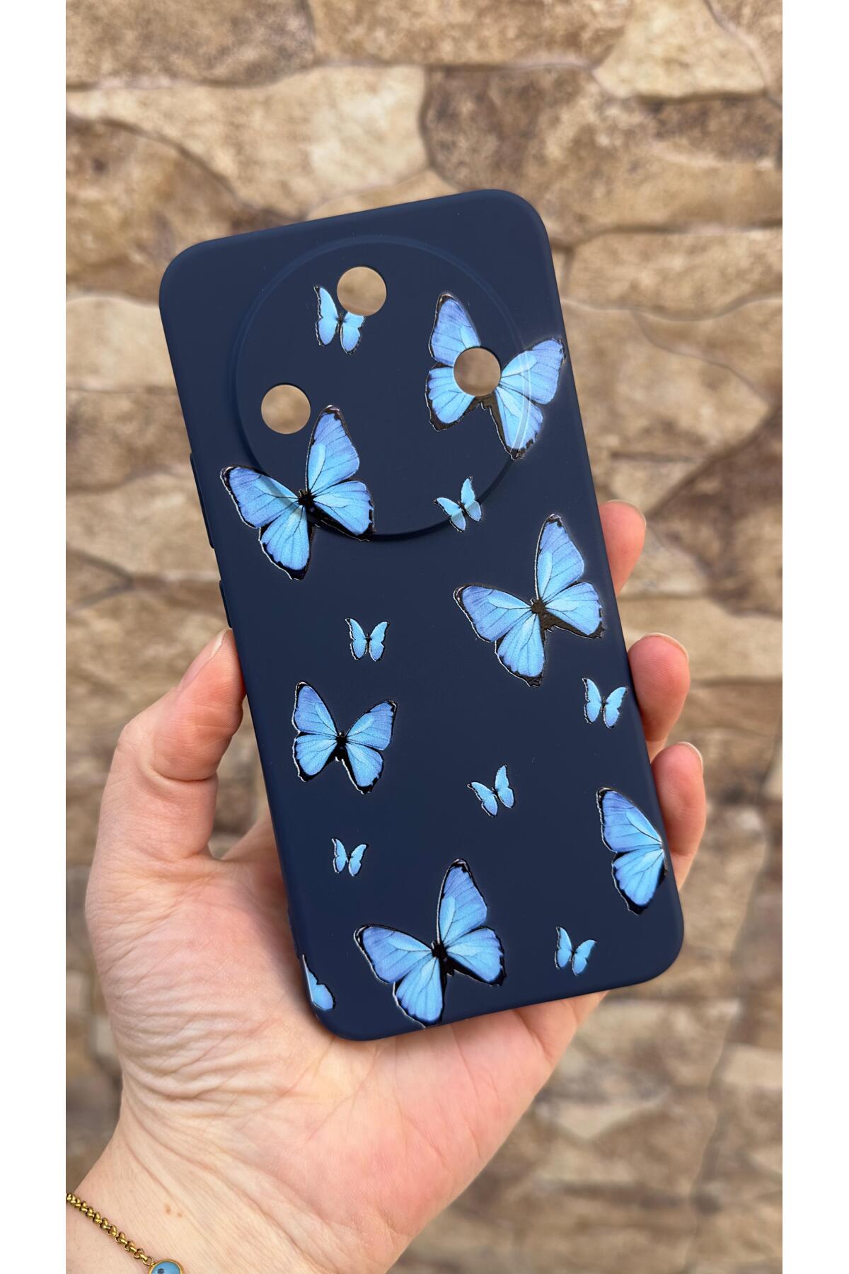 Honor Magic 8 Lite Uyumlu Mavi Kelebek Desenli Silikon Darbe Emici Klasik Korumalı Rubber Kılıf