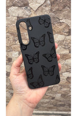 Samsung Galaxy S25 FE Uyumlu Siyah Kelebek Desenli Silikon Darbe Emici Klasik Rubber Kılıf 277