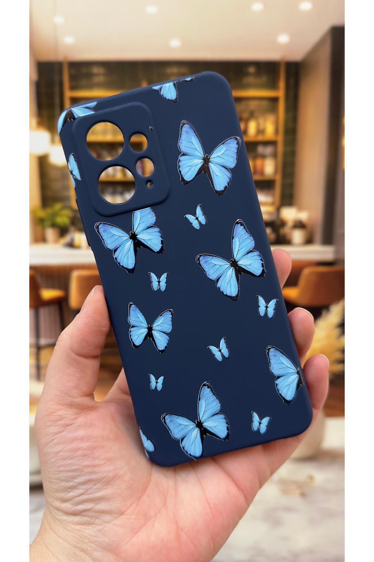 Xiaomi Redmi Note 12 4G Uyumlu Mavi Kelebek Desenli Silikon Darbe Emici Klasik Korumalı Rubber Kılıf