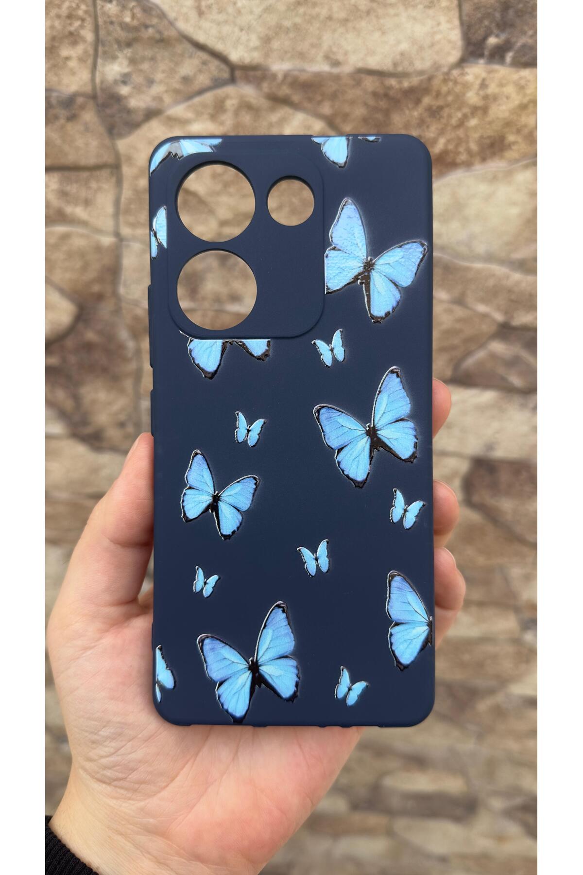 TECNO CAMON 20 PRO Uyumlu Mavi Kelebek Desenli Silikon Darbe Emici Klasik Korumalı Rubber Kılıf