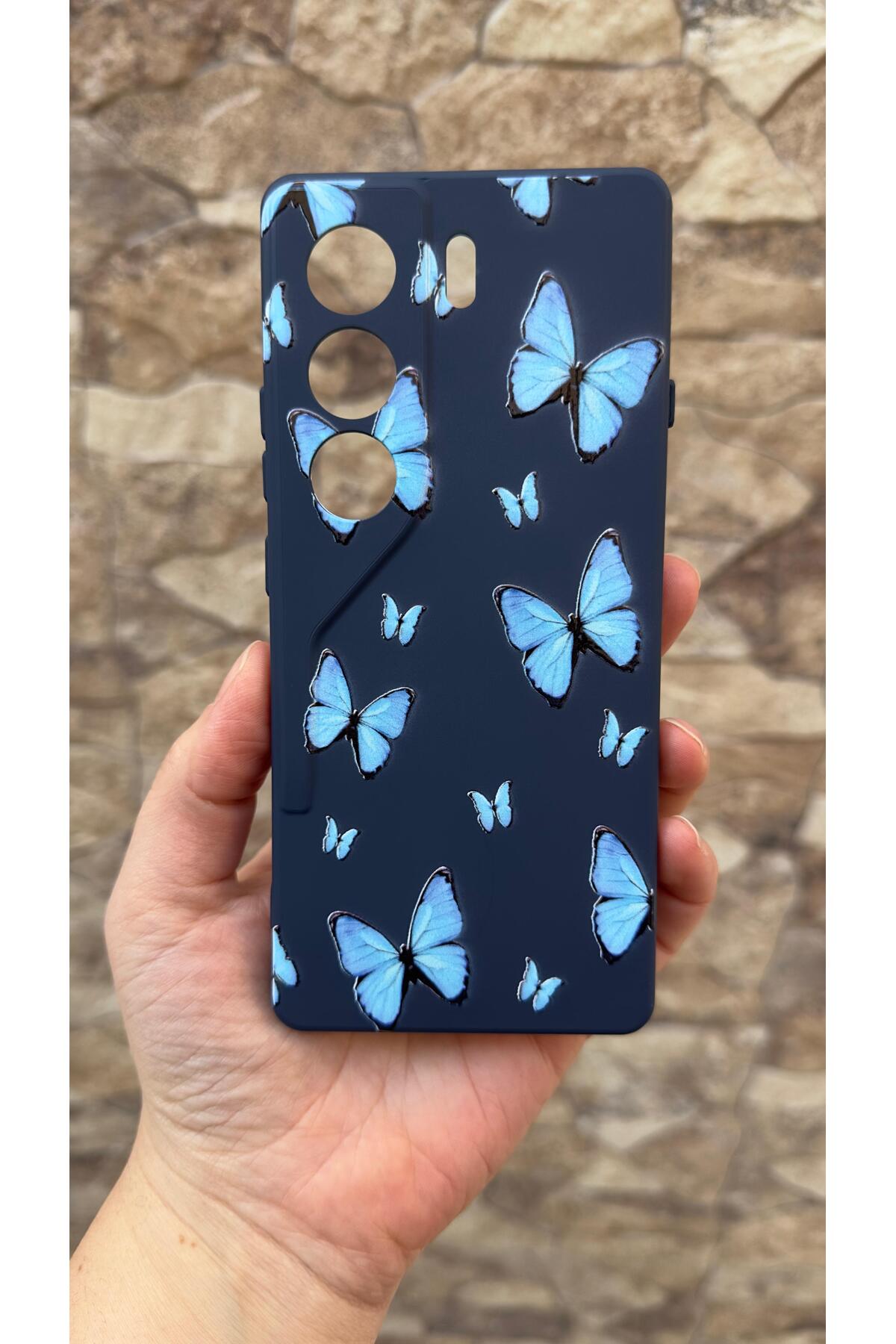 Tecno Camon 40 Pro Uyumlu Mavi Kelebek Desenli Silikon Darbe Emici Klasik Korumalı Rubber Kılıf