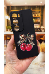 VİVO Y19S Uyumlu Kiraz Fiyonk Leopar Desenli Silikon Darbe Emici Klasik Korumalı Rubber Kılıf